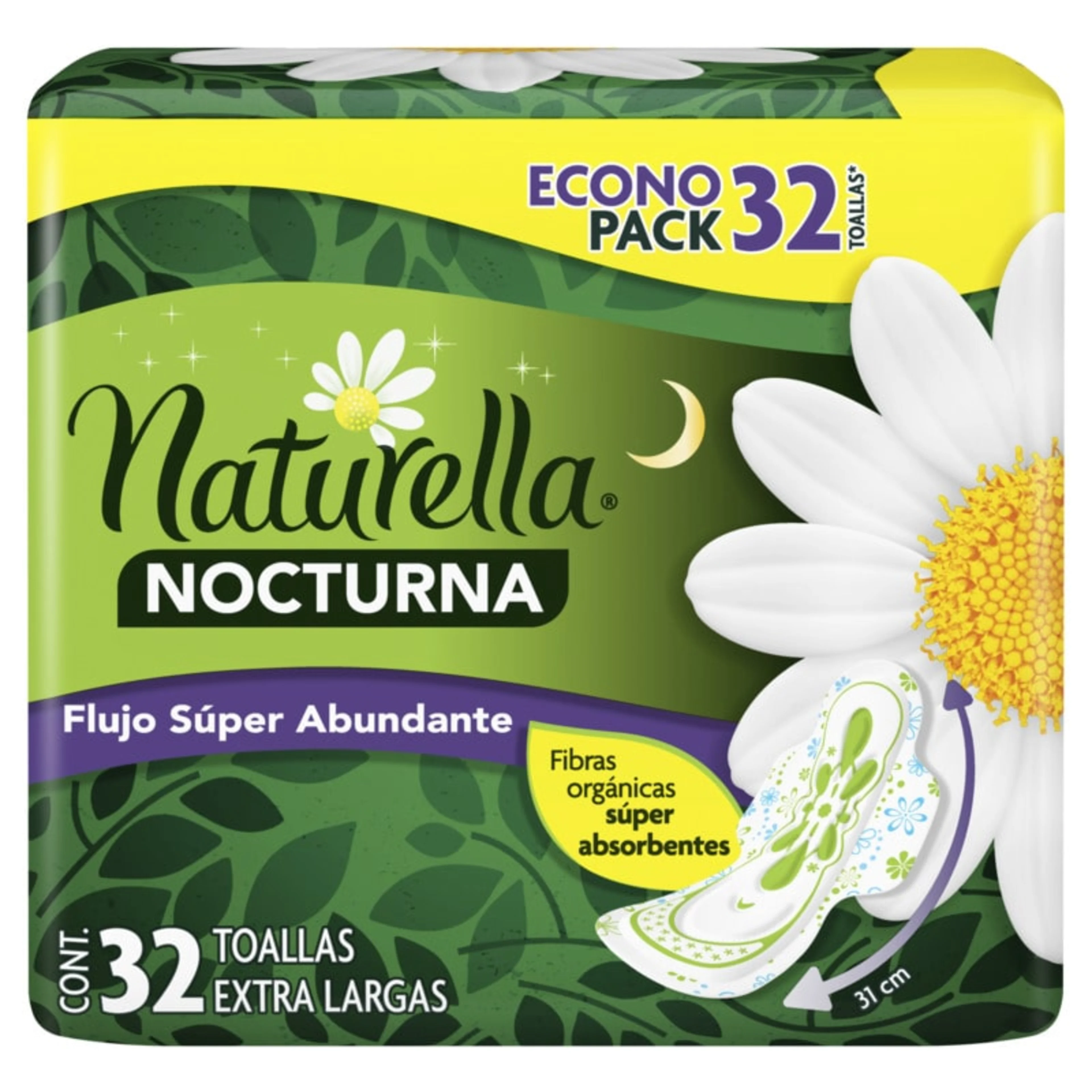 Naturella Cuidado Nocturno Fibras Orgánicas Toallas Sanitarias Con Alas Alas 32 Piezas