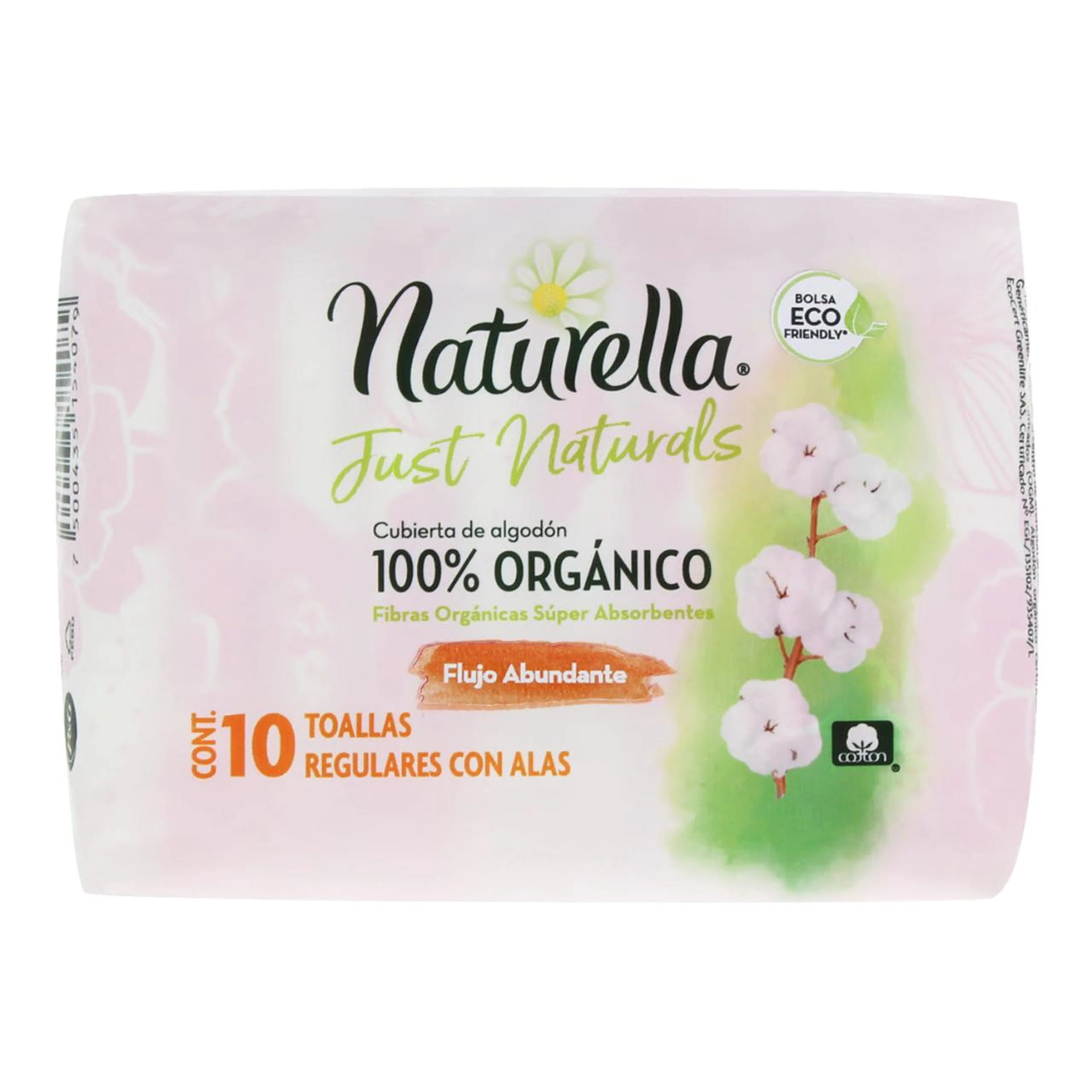 Toalla femenina naturella just naturals regulares con alas 10 pzas.
