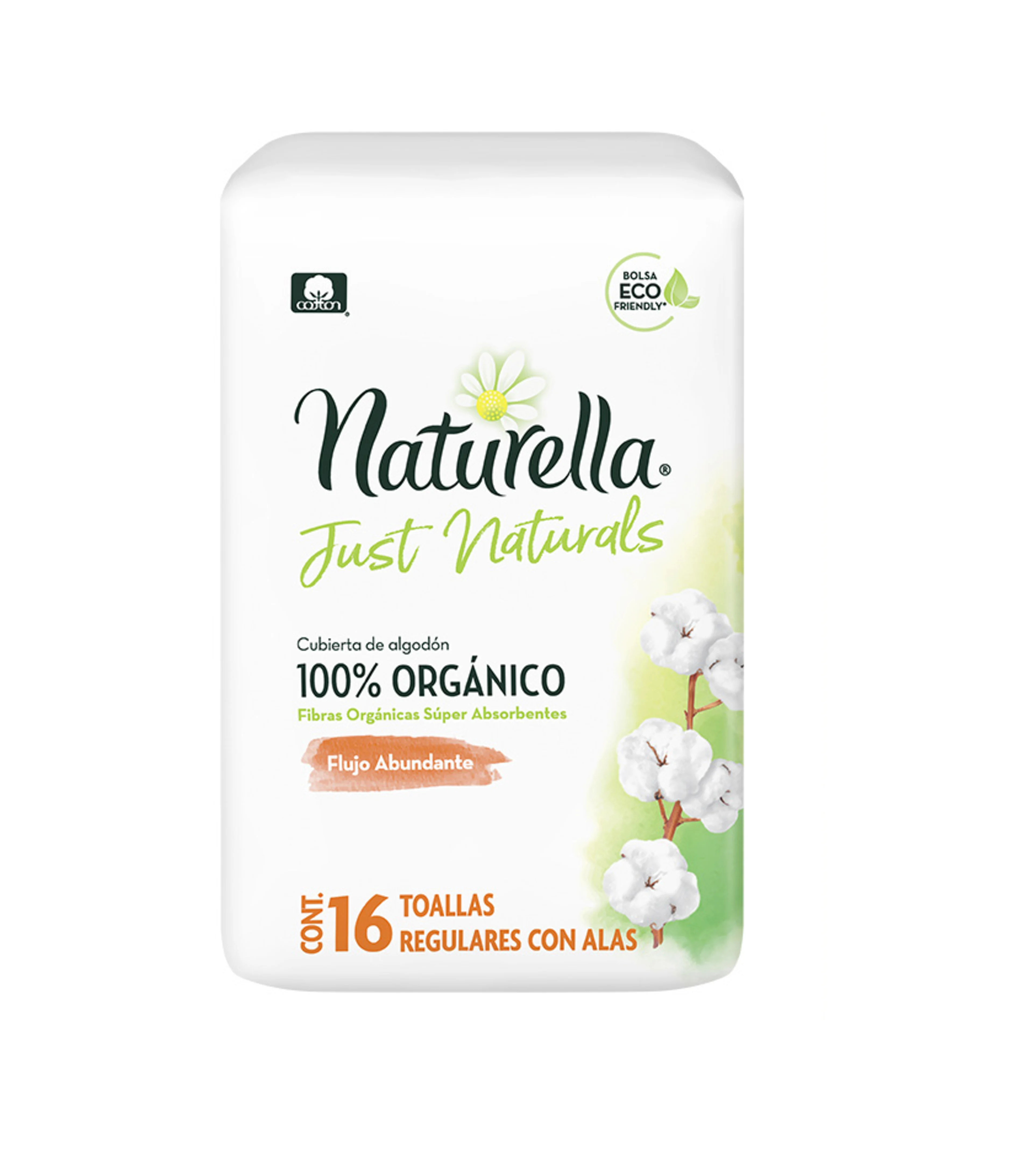 Naturella just naturals toallas íntimas con altas flujo abundante 16 pieza bolsa