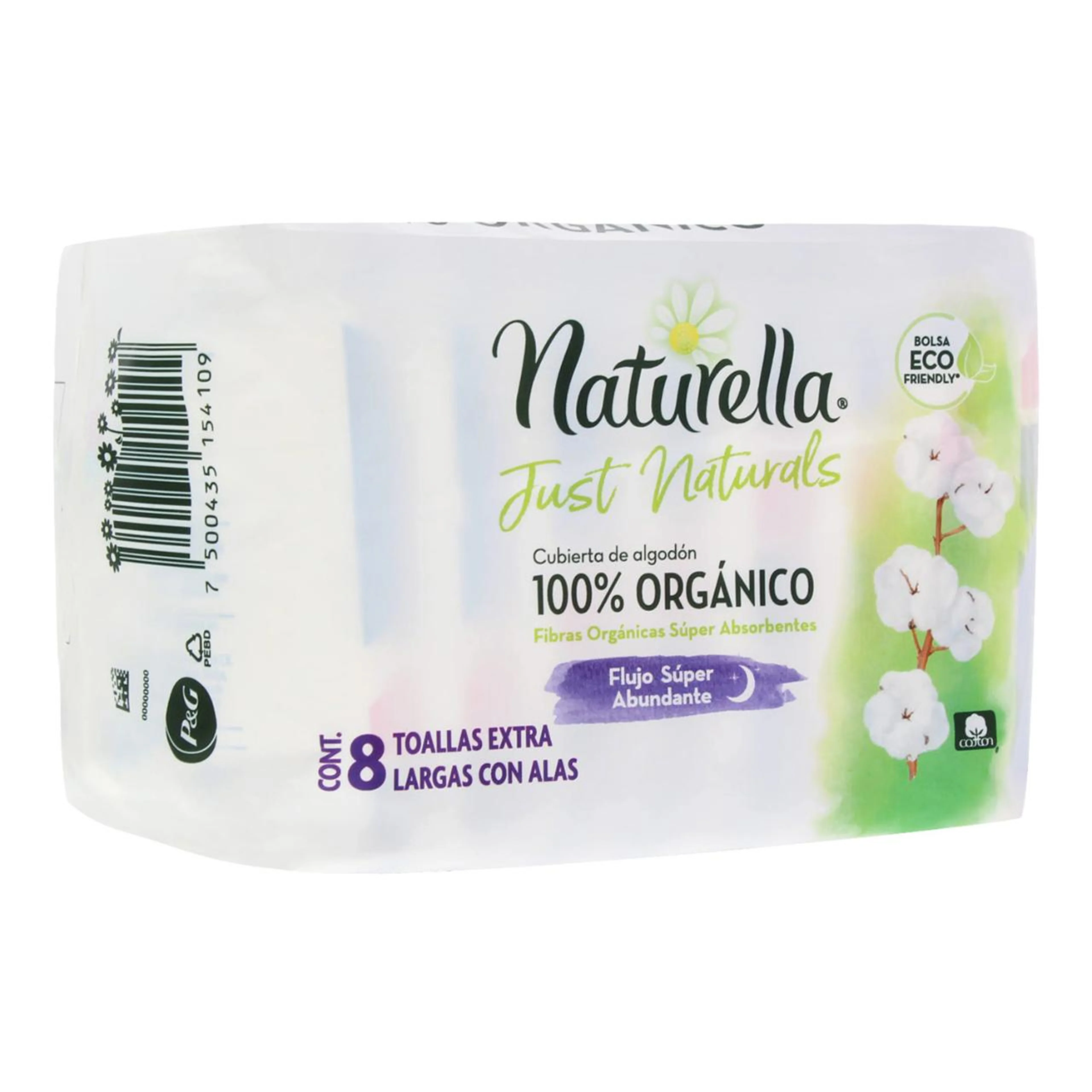 Toalla femenina naturella just naturals extra largas con alas 8 pzas.