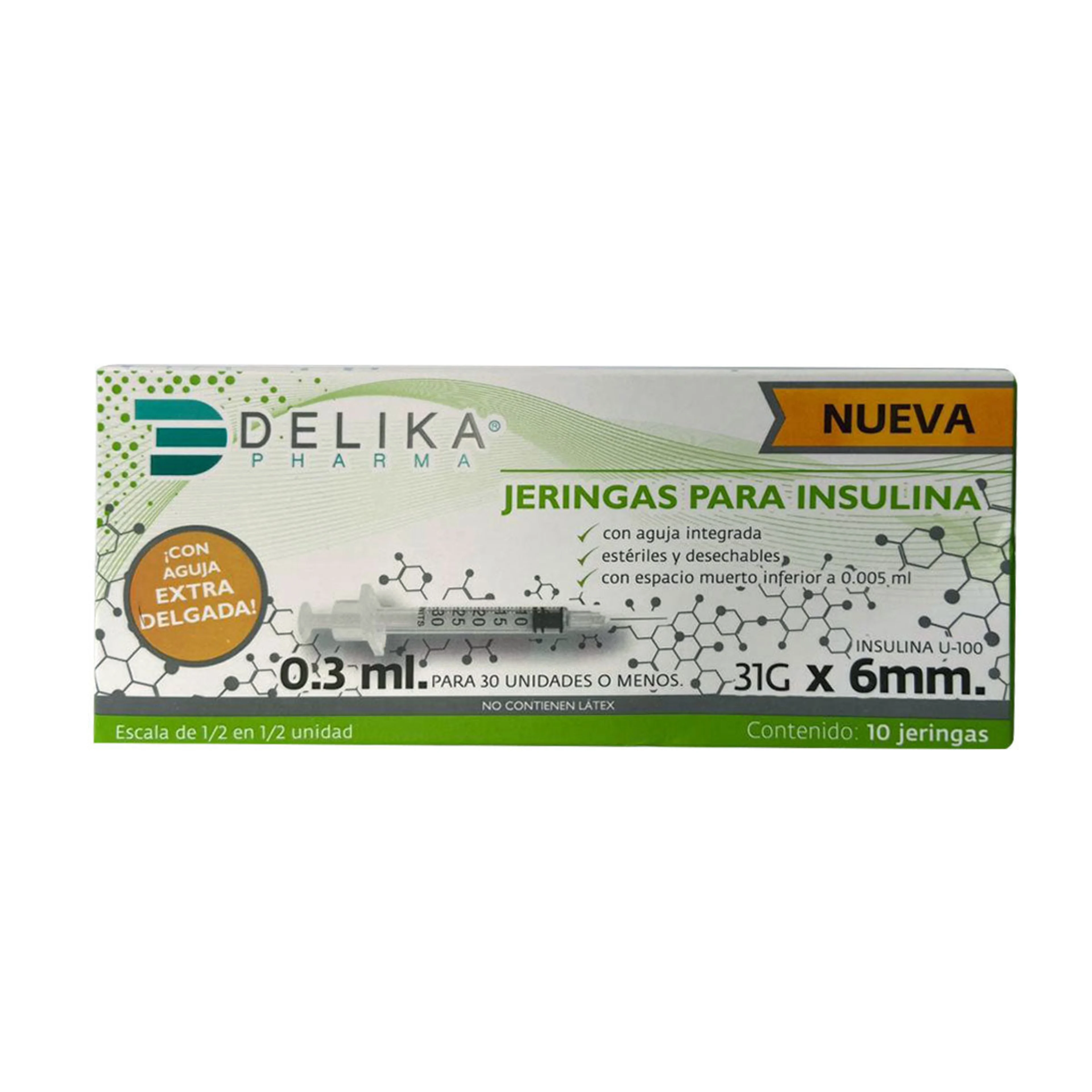 Jeringa para insulina Delika 0.3 ml 31G x 6 mm con 10 piezas