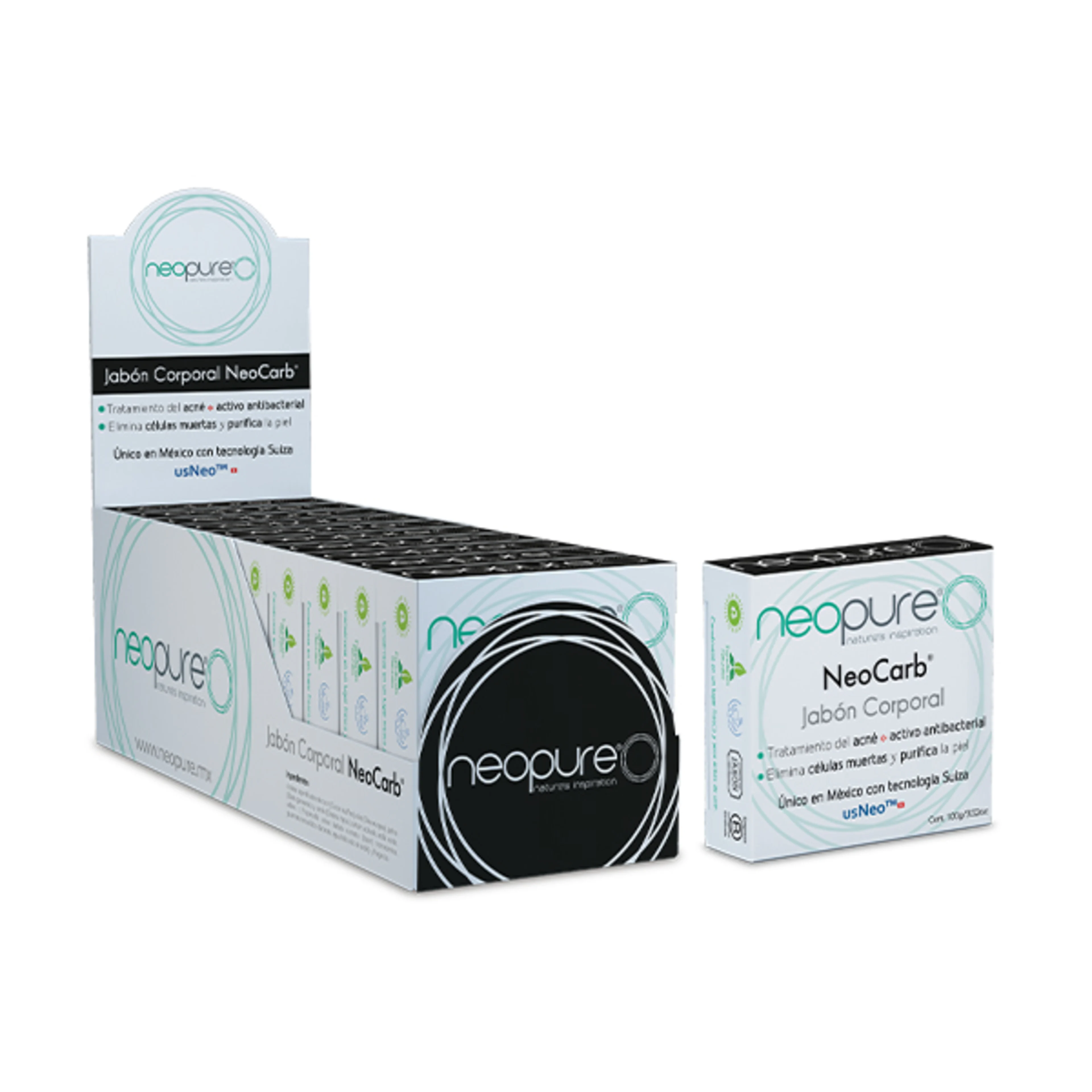 Neopure® Jabón Carbón Activado + Usneo® Tratamiento Del Ácne + Activo Antibacterial Display Con 10 Barras De 100 G