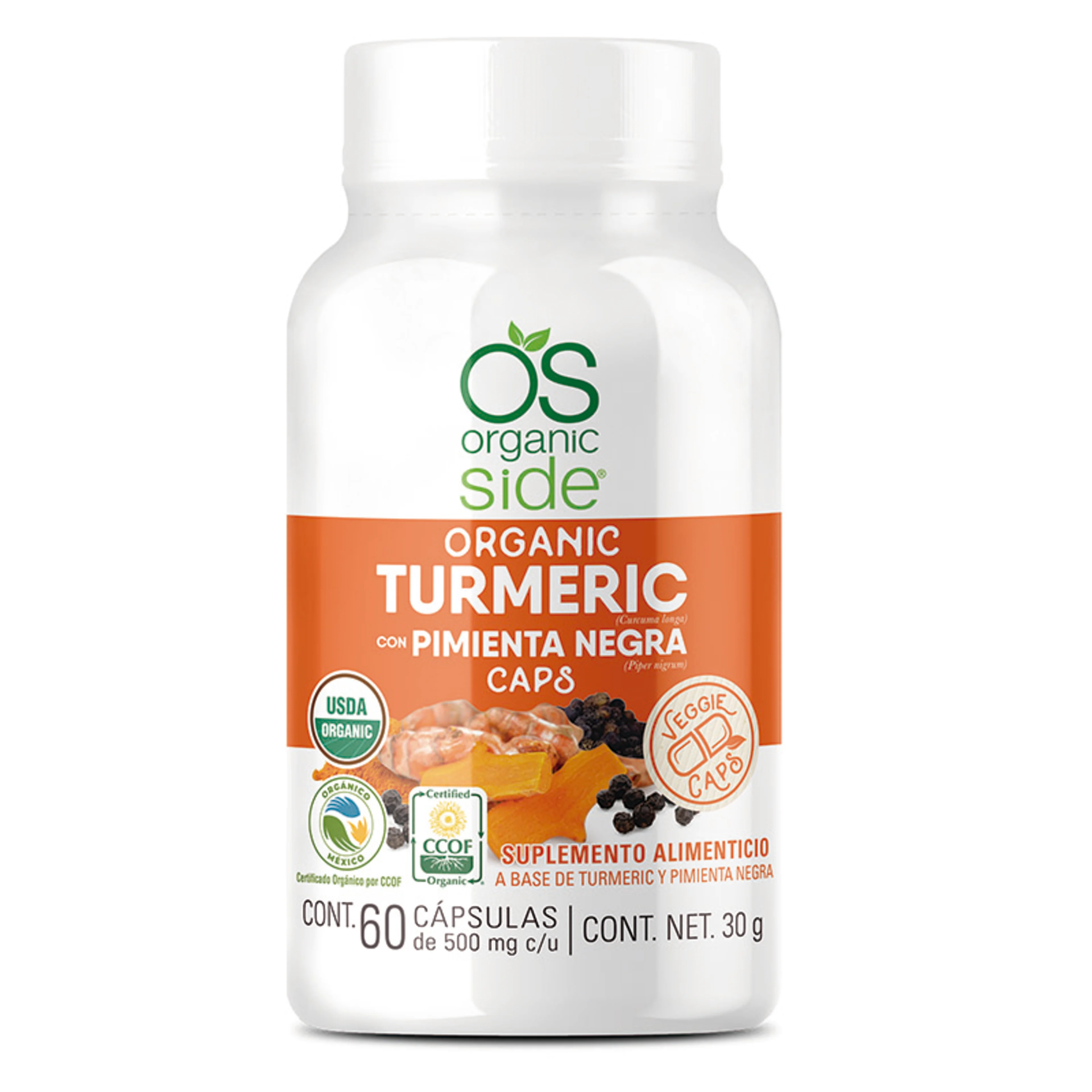 Organic Side Turmeric Pimienta Negra con 60 Cápsulas
