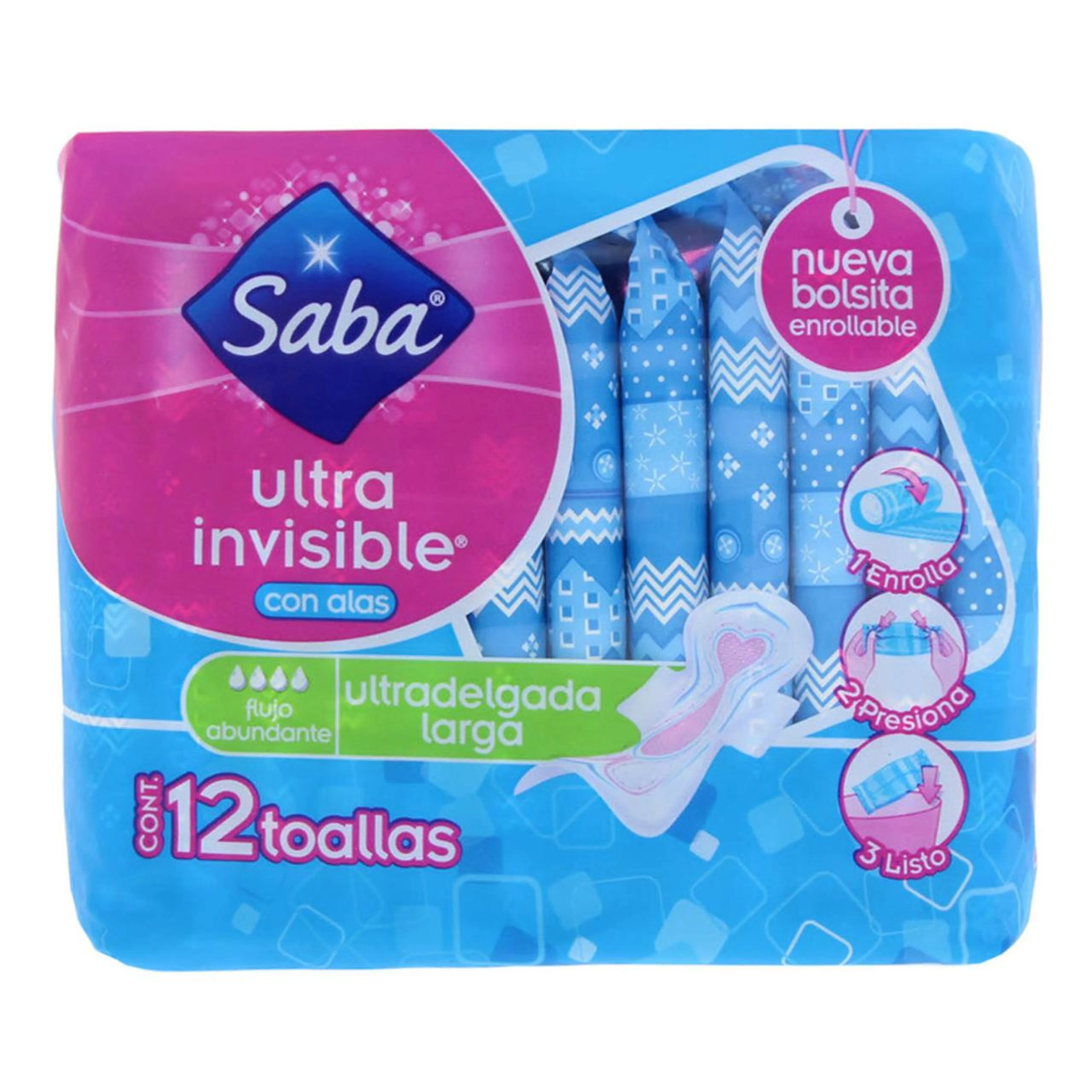 Saba Ultra Invisible Toallas Femeninas Ultradelgadas Y Largas Con Alas 12 Piezas Bolsa