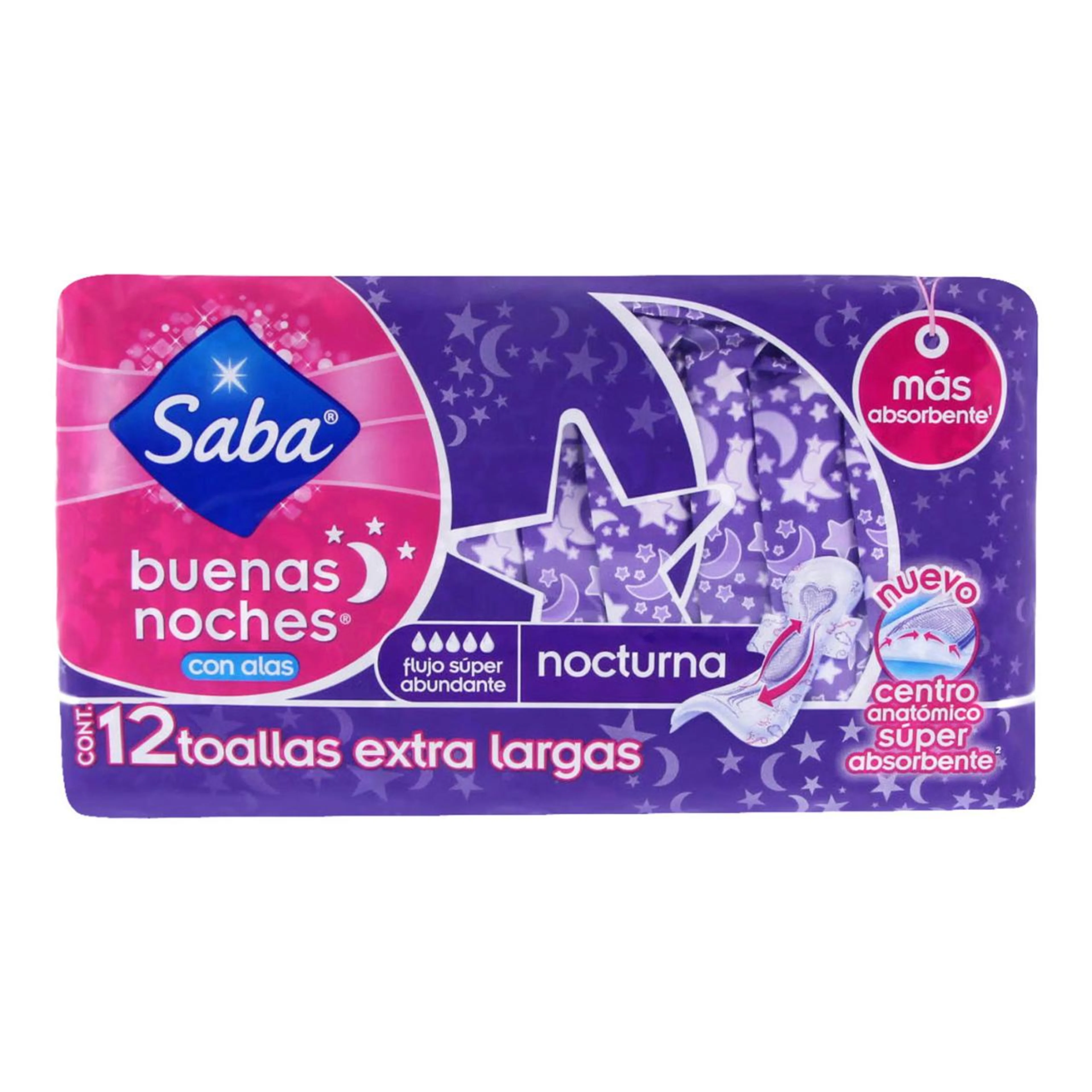 Saba Buenas Noches Toallas Sanitarias Nocturnas Con Alas Con 12 Piezas