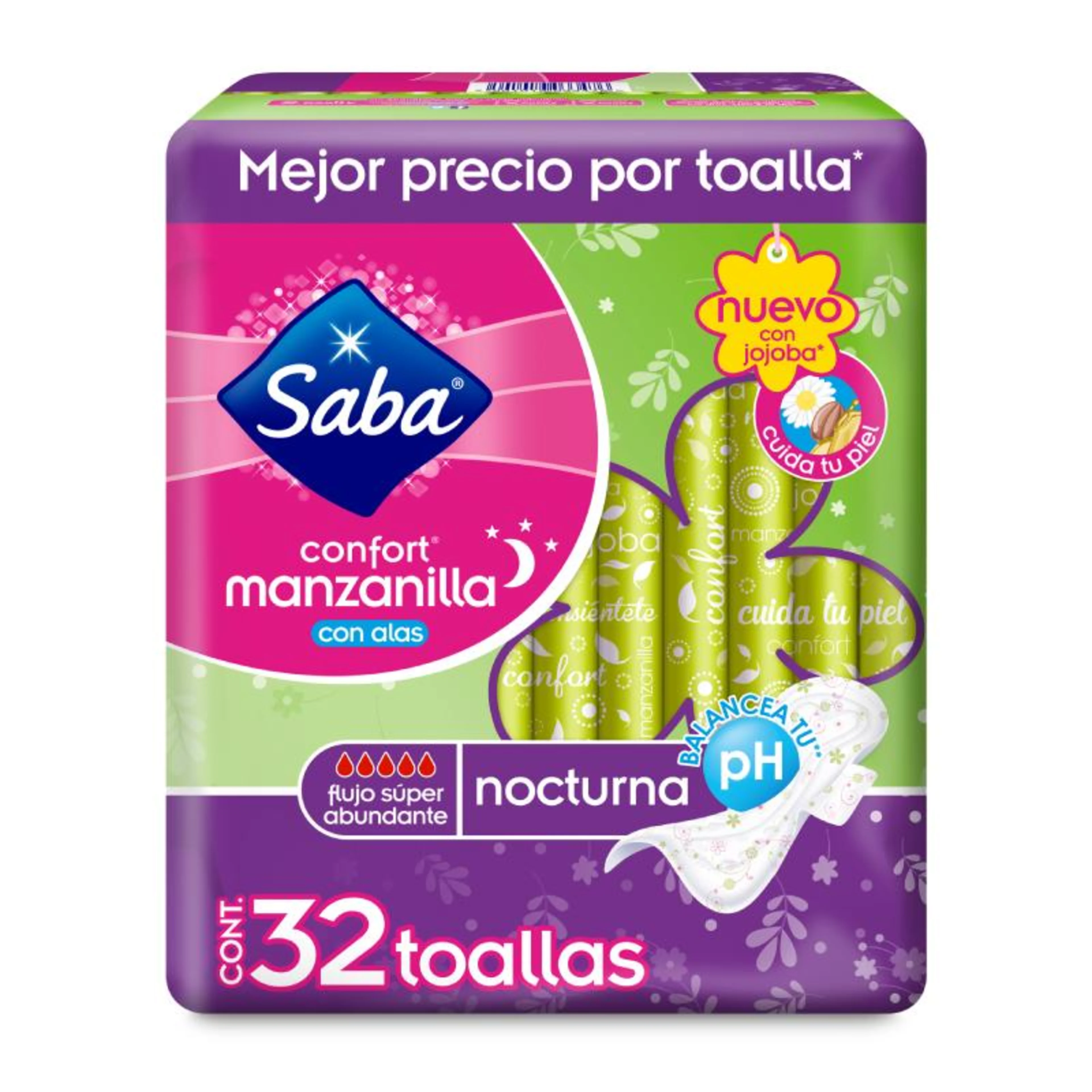 Saba confort manzanilla toallas femeninas nocturna con alas ph balanceado 32 piezas bolsa