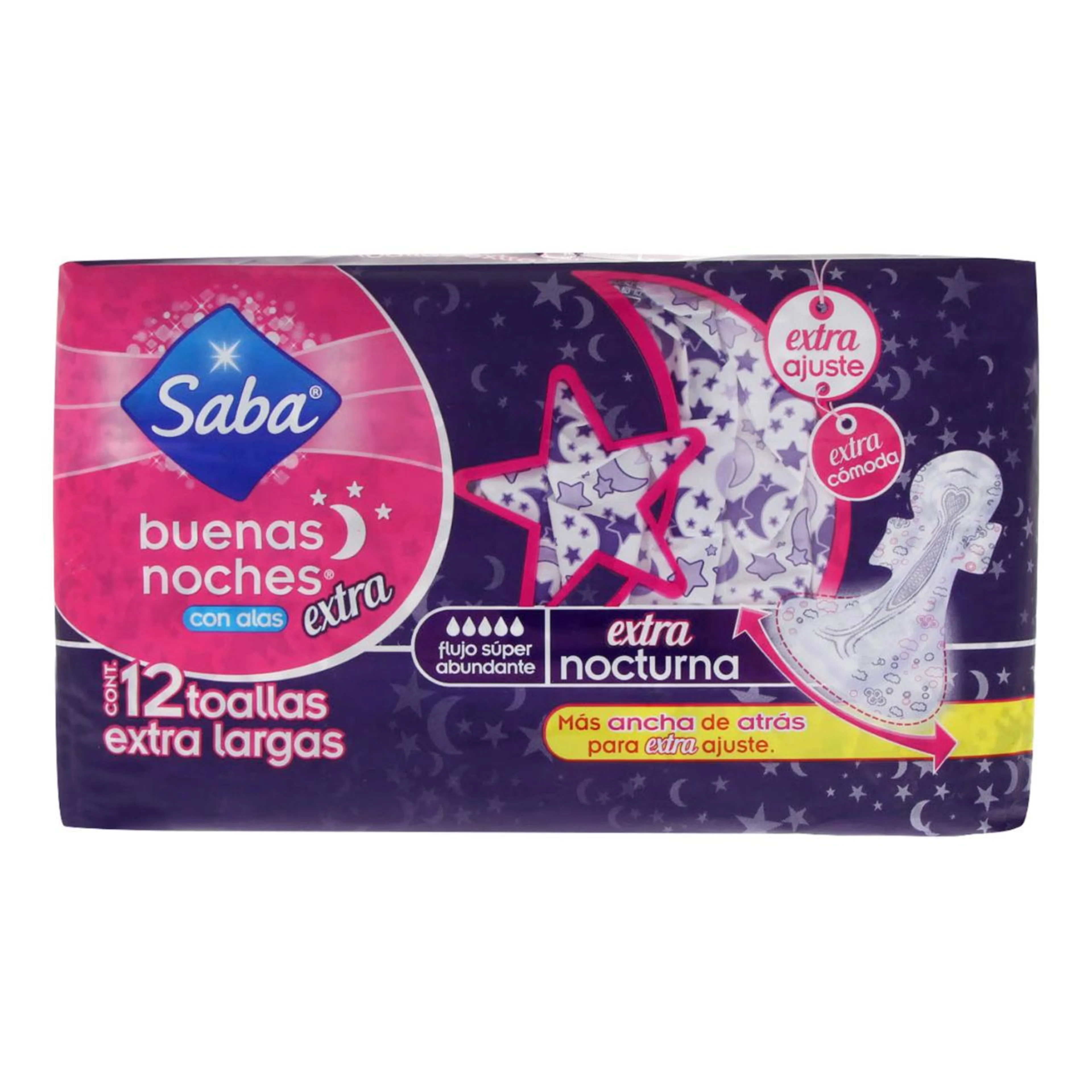 Saba Buenas Noches Extra Toallas Femeninas Nocturna Con Alas 12 Piezas Bolsa