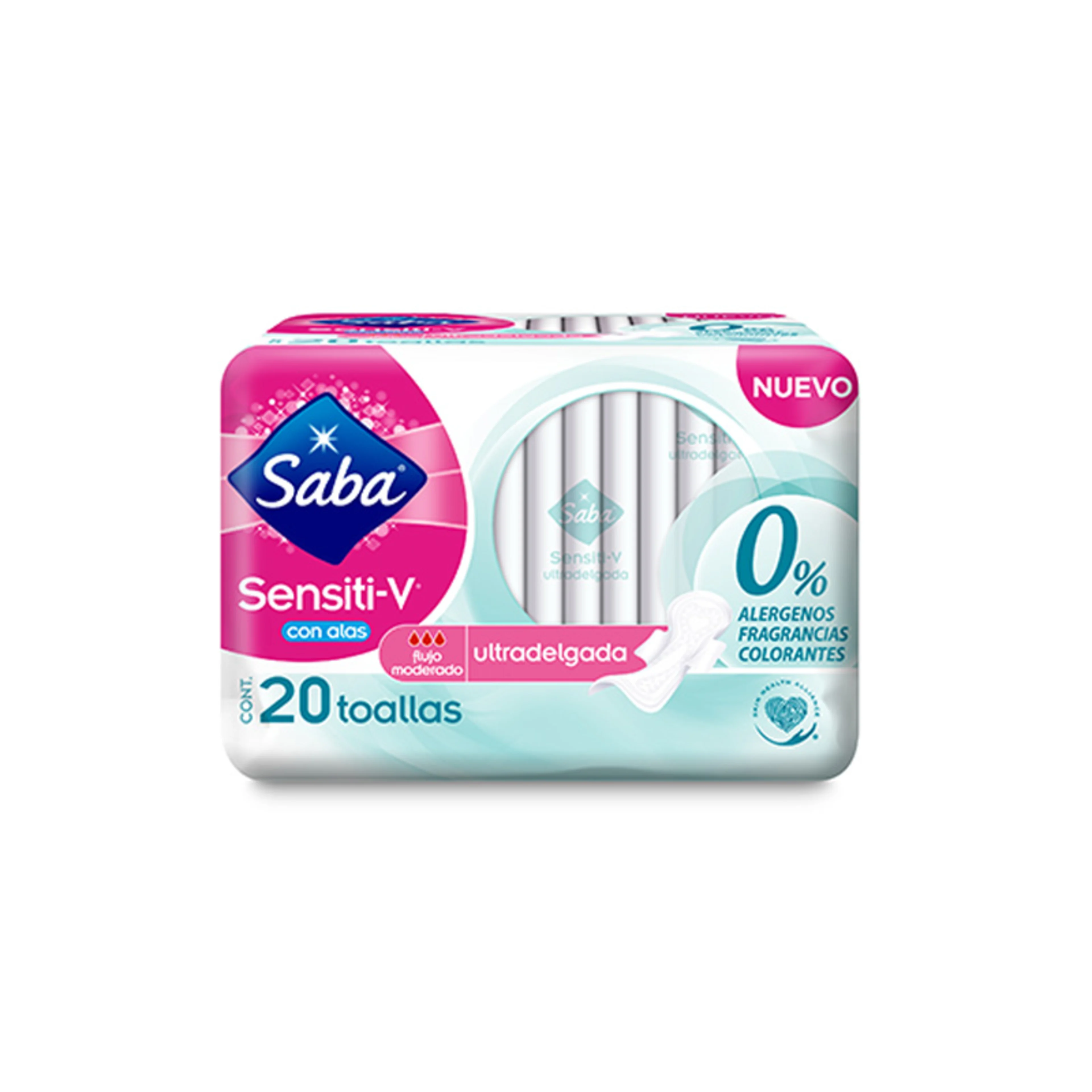 Saba Sensiti-V Toallas Femeninas Ultradelgadas Con Alas Para Flujo Modera 20 Piezas Bolsa