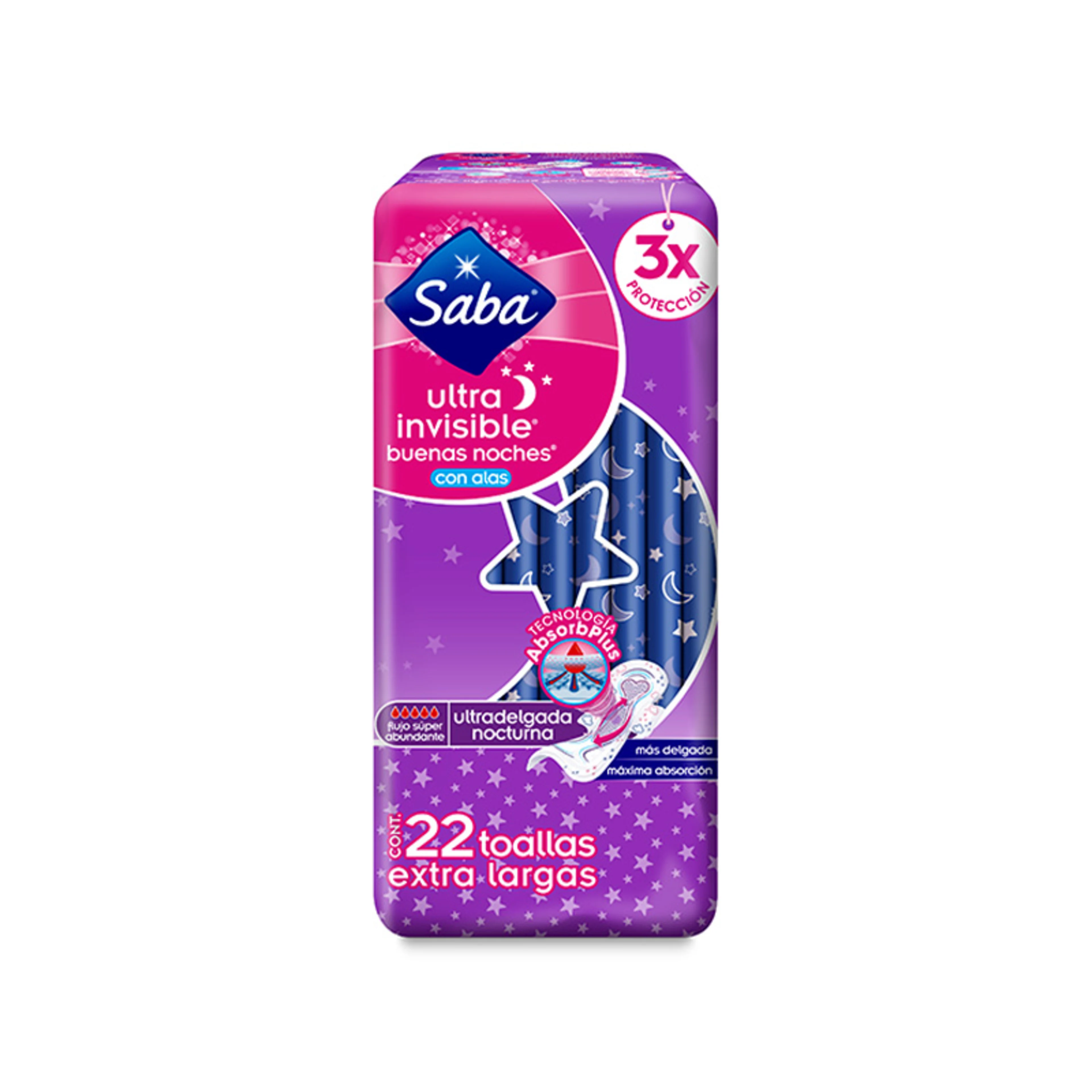 Saba Toallas Femeninas Ultra Invisible Nocturna Con Alas Flujo Súper Abundante 22 Piezas Bolsa