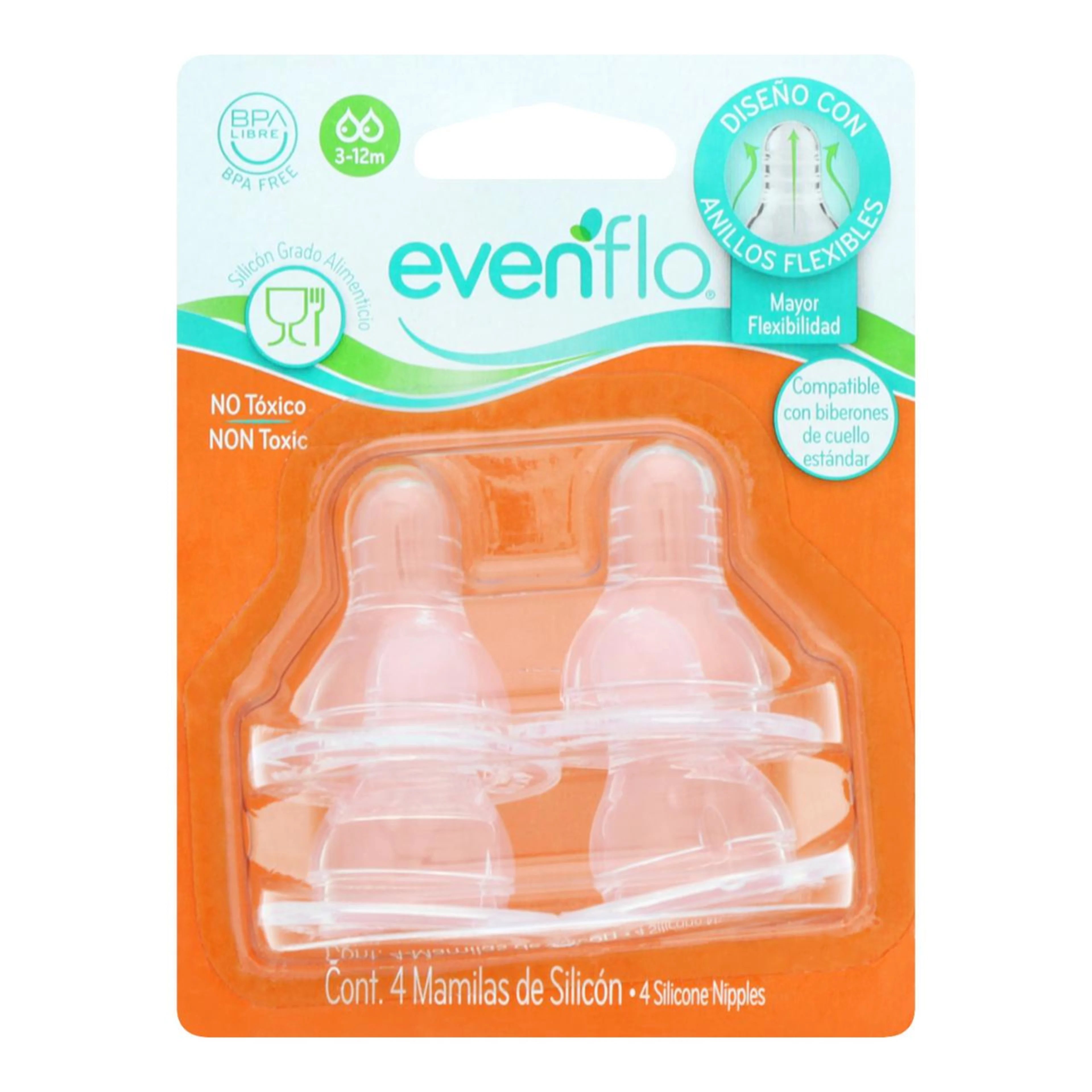 Evenflo Mamila Estándar De Silicón 3 A 12 Meses Con 4 Piezas