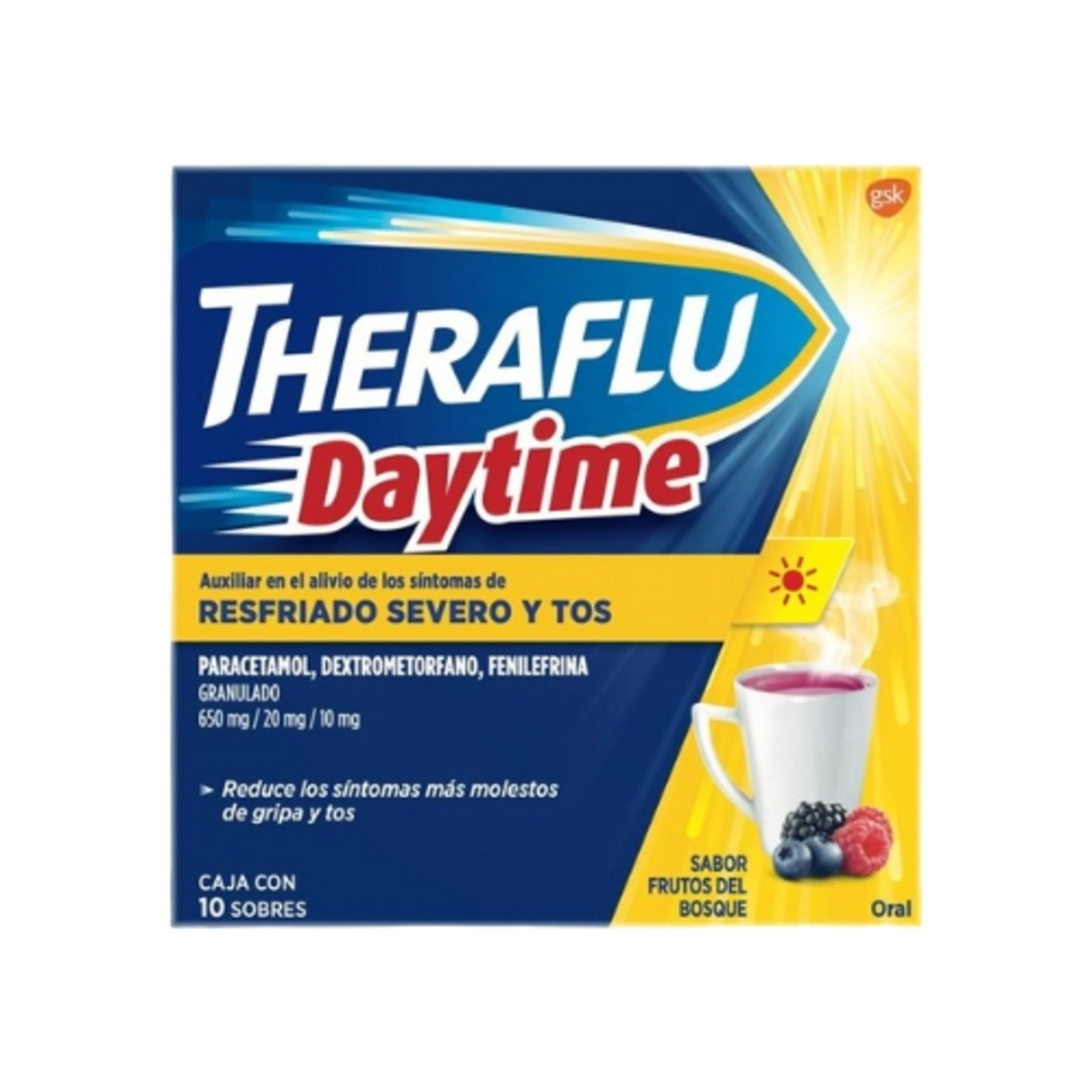 Theraflu Daytime 650/20/10 Mg Con 10 Sobres Sabor Frutos Del Bosque