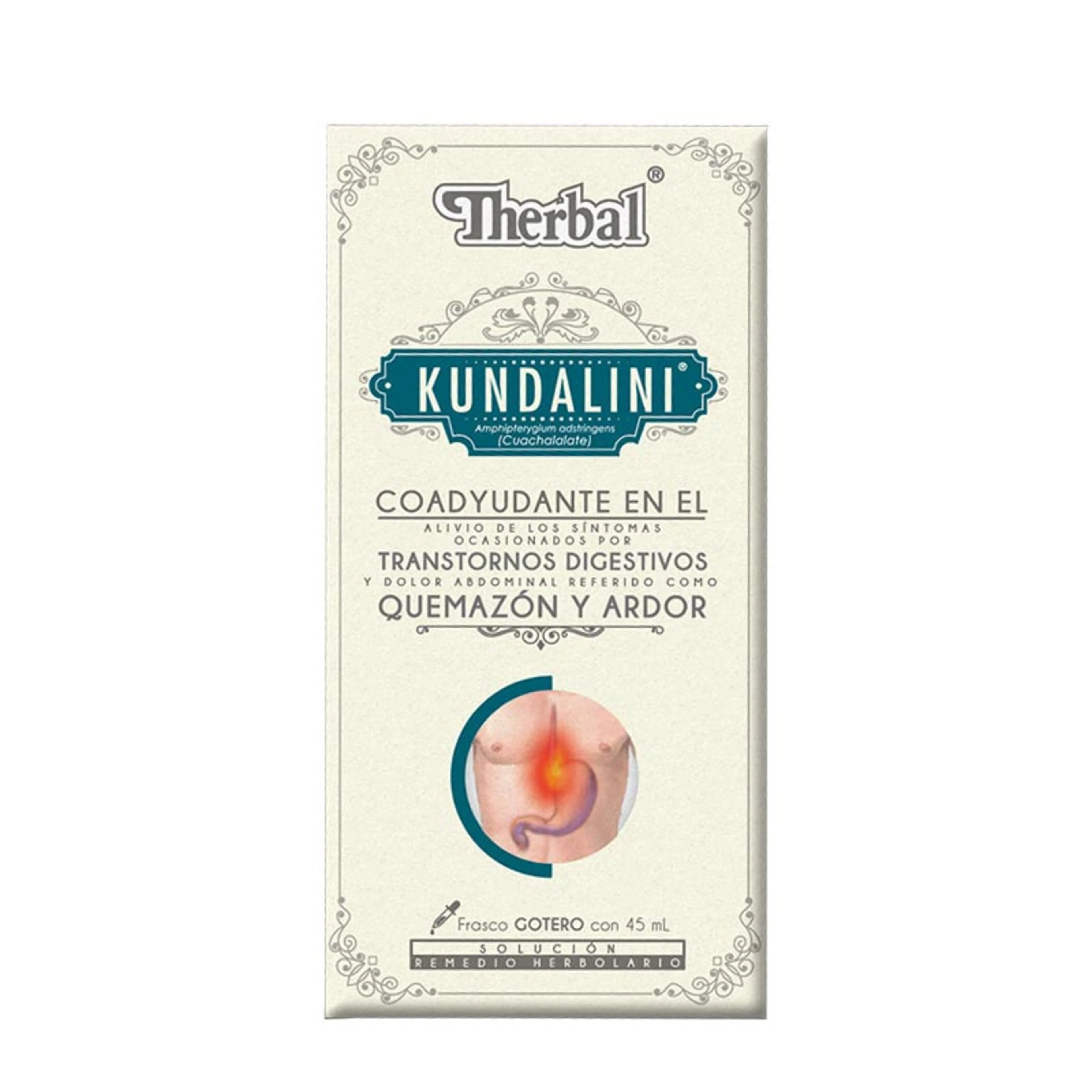 Therbal kundalini remedio herbolario coadyuvante en transtornos digestivos y quemazón 45 ml frasco gotero cuachalalate 100 ml