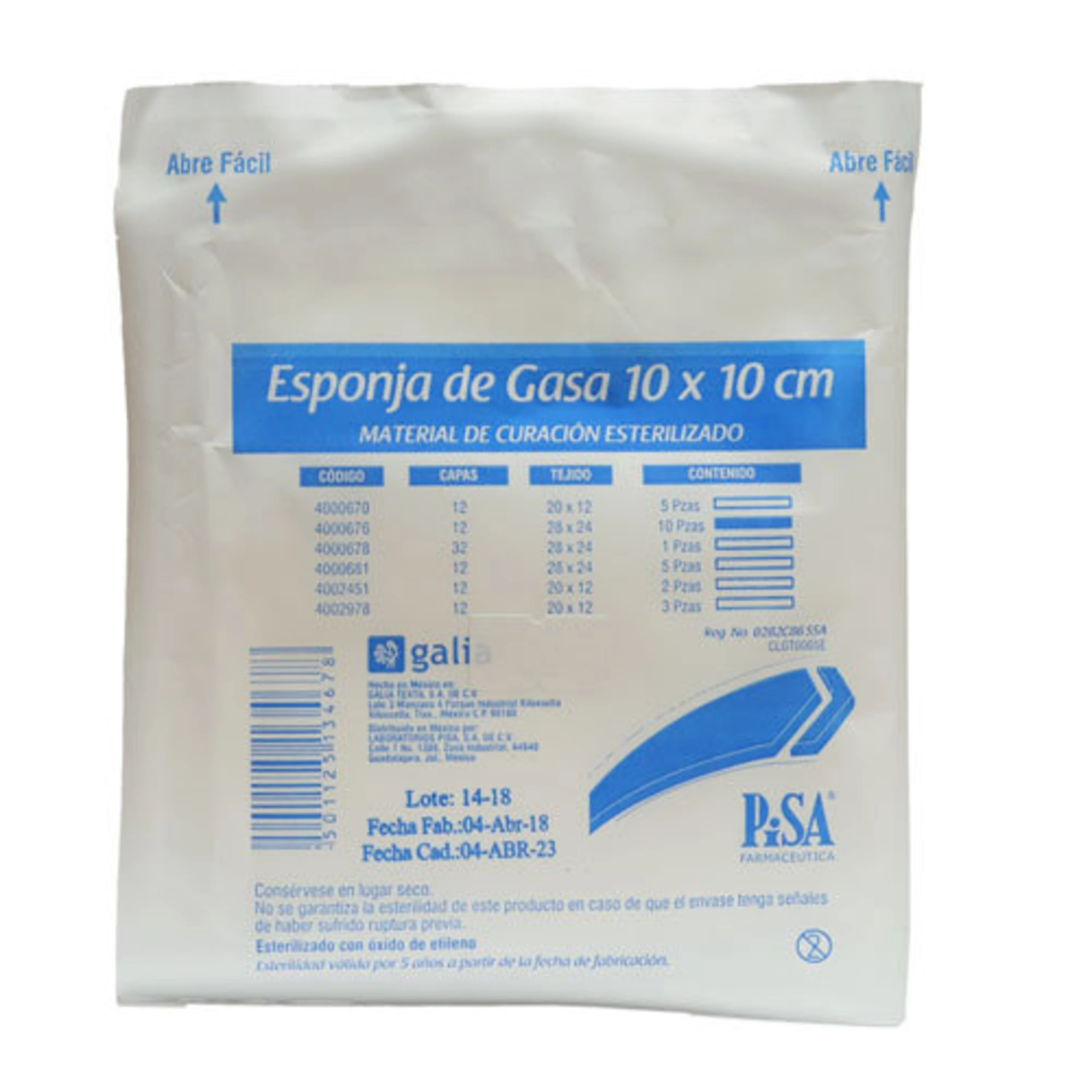 Gasa Estéril 10 X 10 Cm Con 12 Capas Densidad T28 X 24