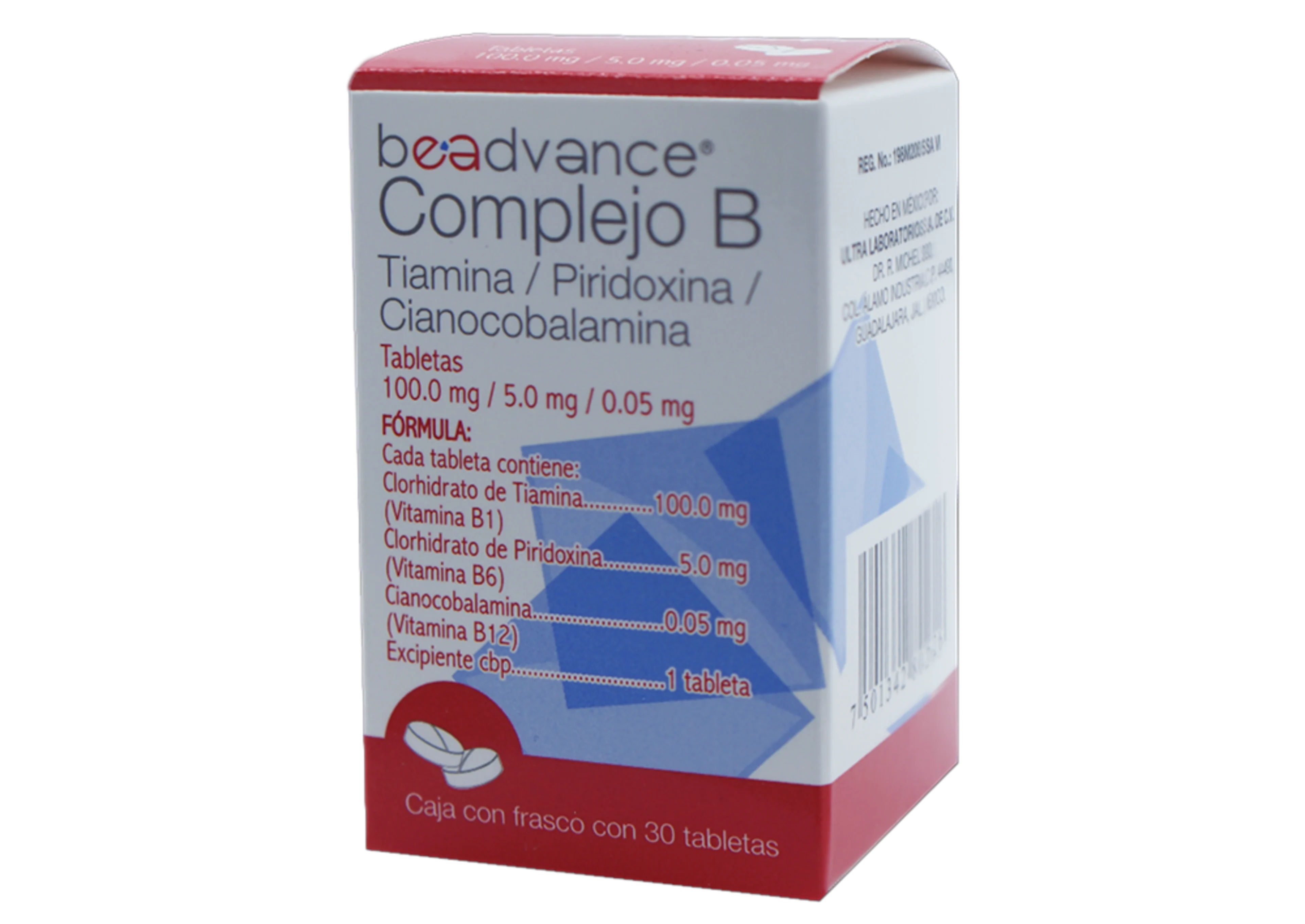 Complejo B Tiamina, Piridoxina, Cianocobalamina 100/5/0.05 Mg Con 30 Tabletas