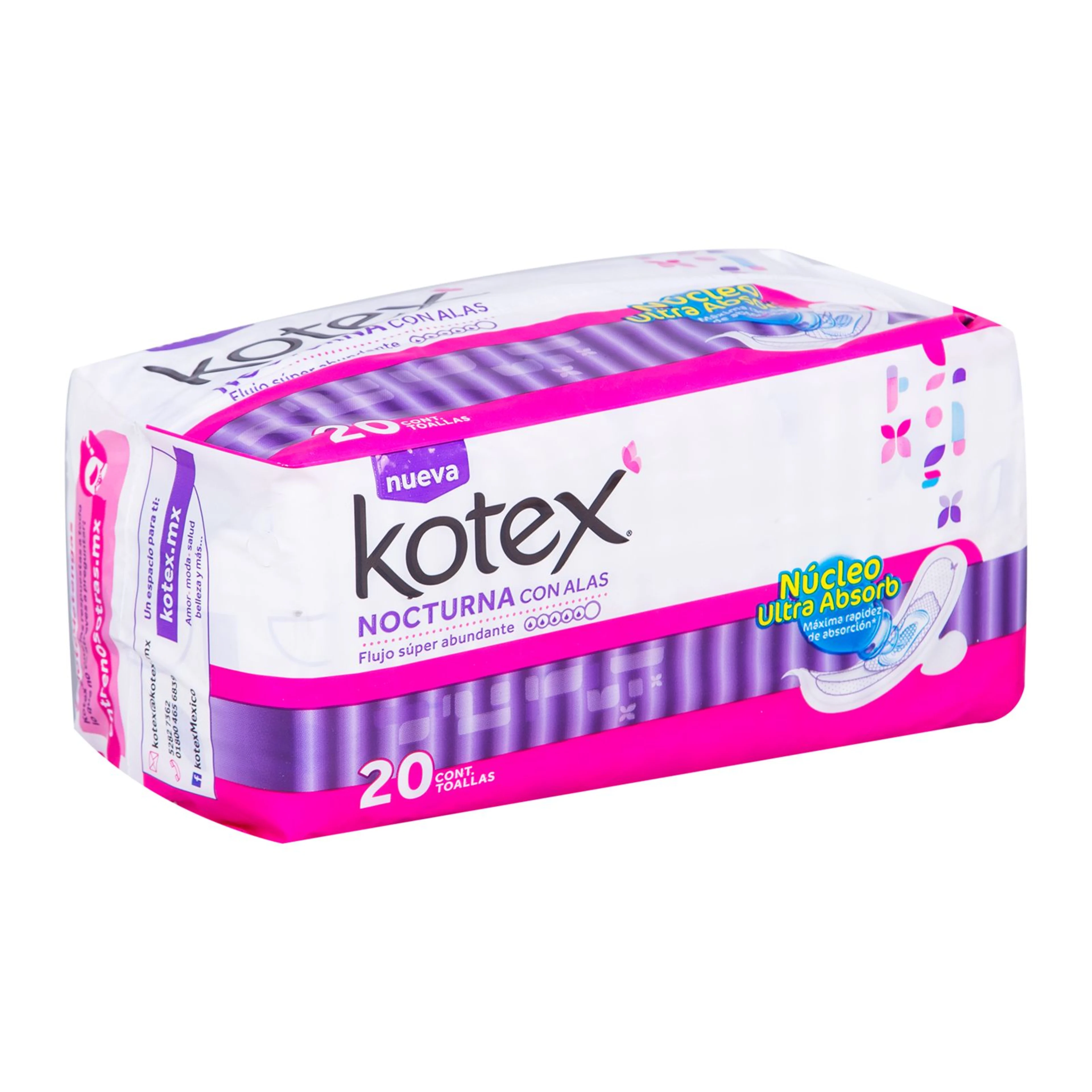Toallas femeninas kotex noche flujo abundante con alas 20 piezas