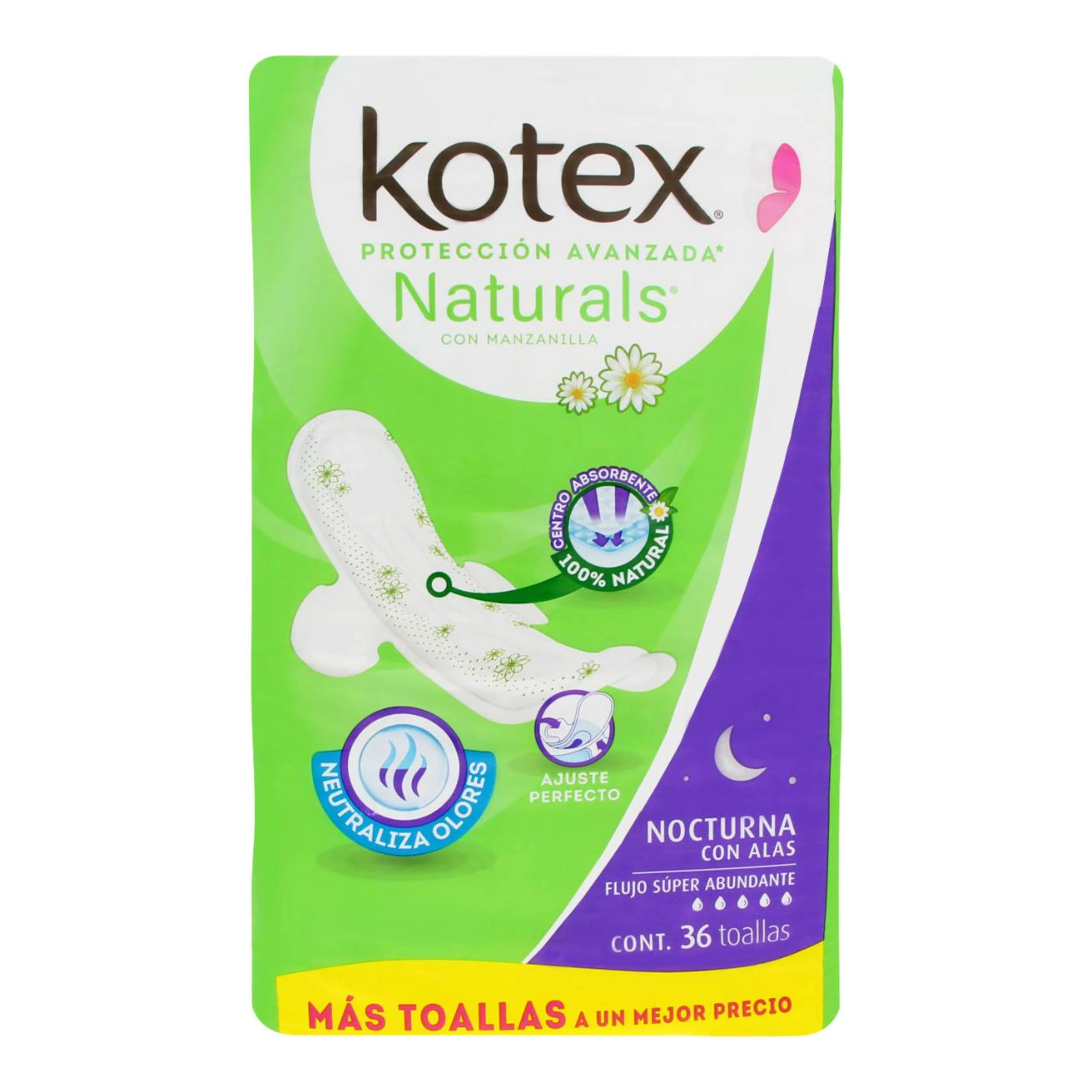 Toalla femenina kotex naturals nocturna con alas 36 pzas.