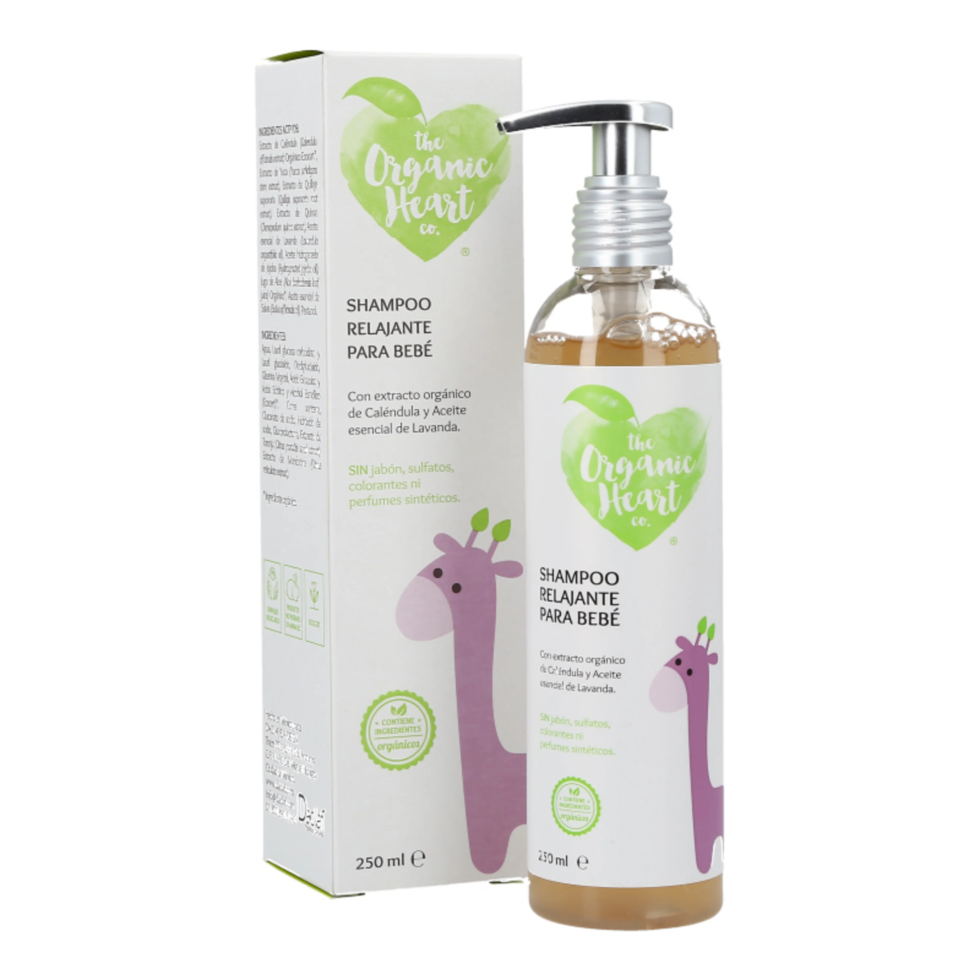 The organic heart shampoo relajante para bebé extracto orgánico de caléndula y lavanda 250 ml botella