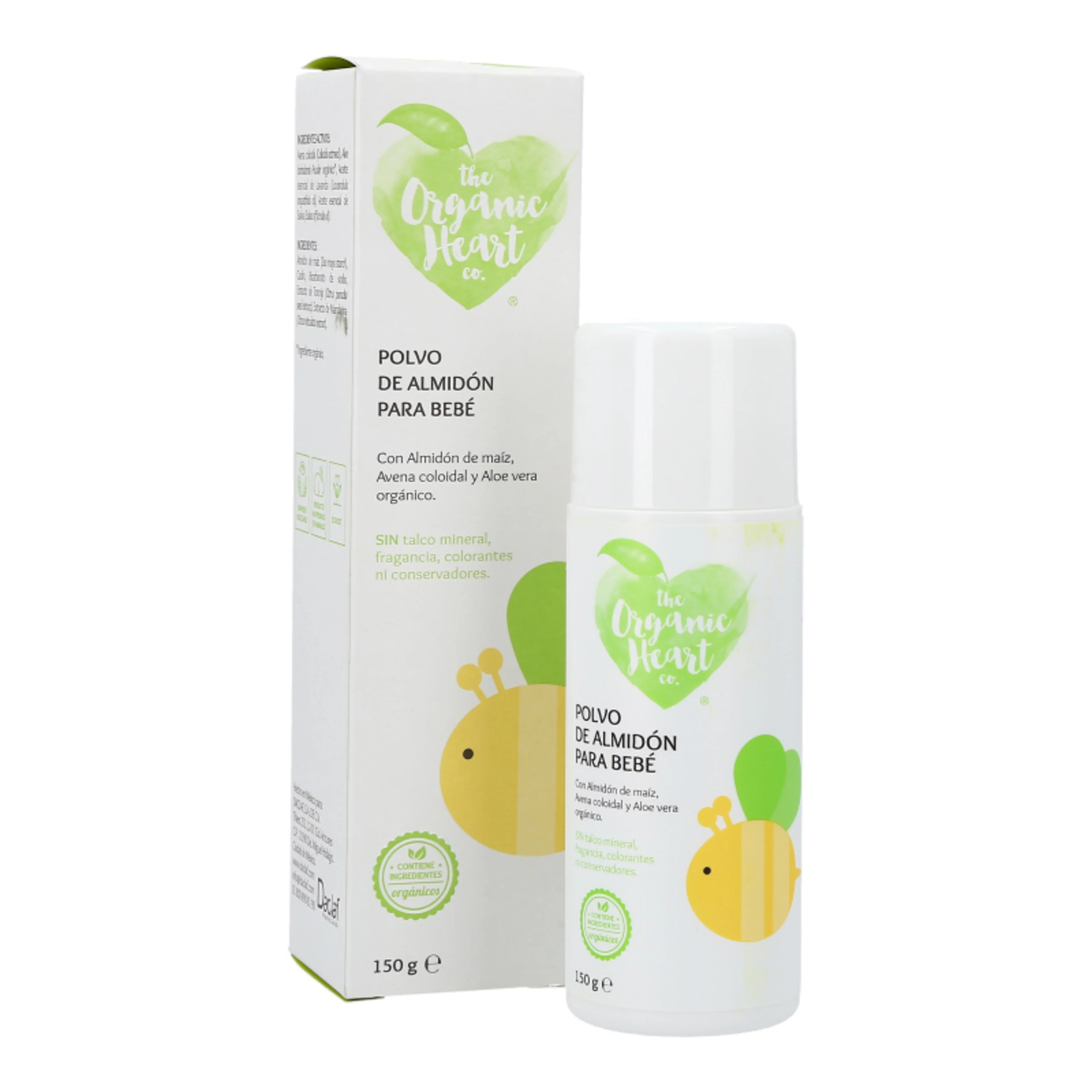 The organic heart polvo de almidón para bebé con maíz avena colidal y aloe vera 150 g frasco