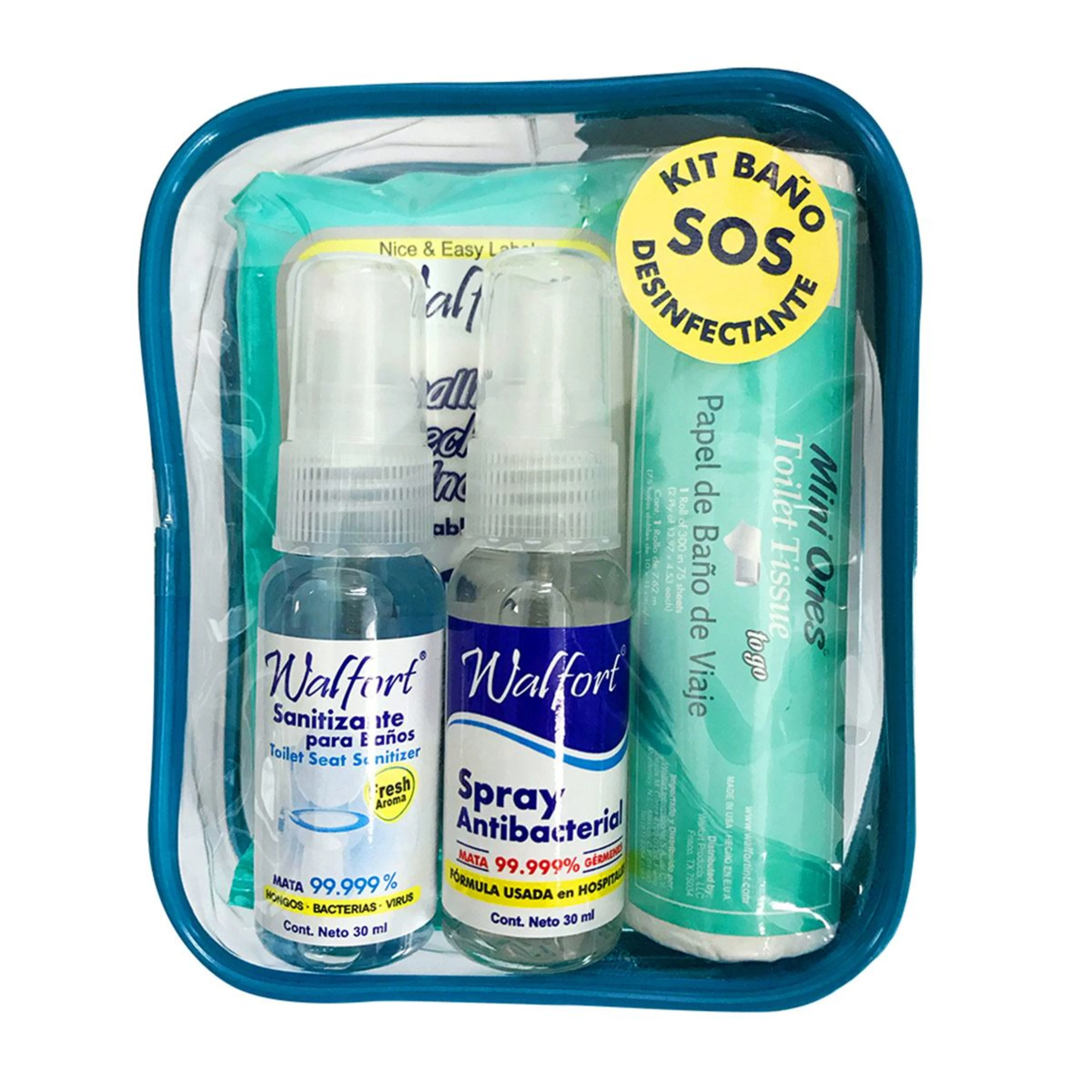Walfort kit de baño sos desinfectante para viaje 4 piezas bolsa