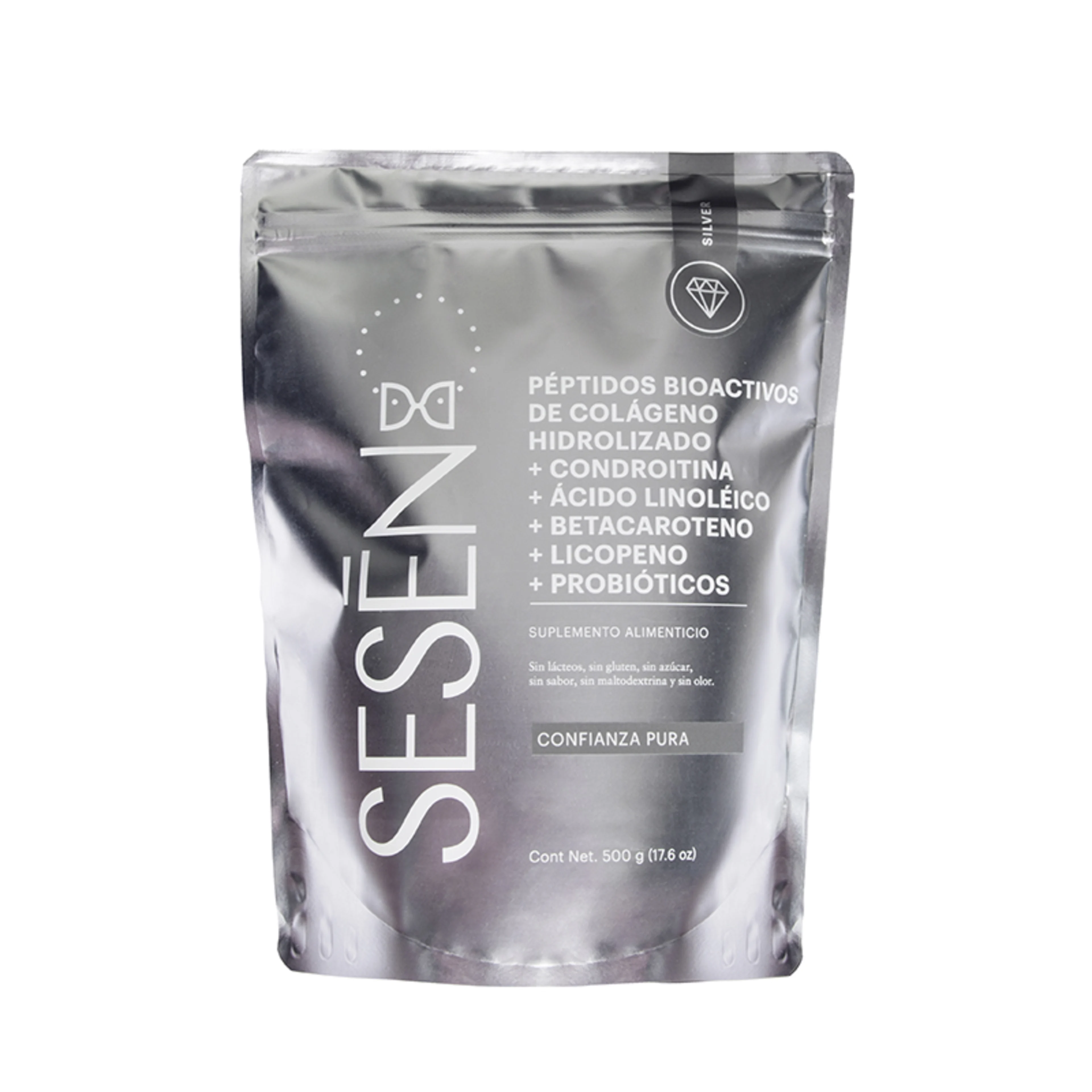 Sesen silver péptidos de colágeno hidrolizado con probióticos betacaroteno y licopeno 500 g bolsa proteínas 89 g
