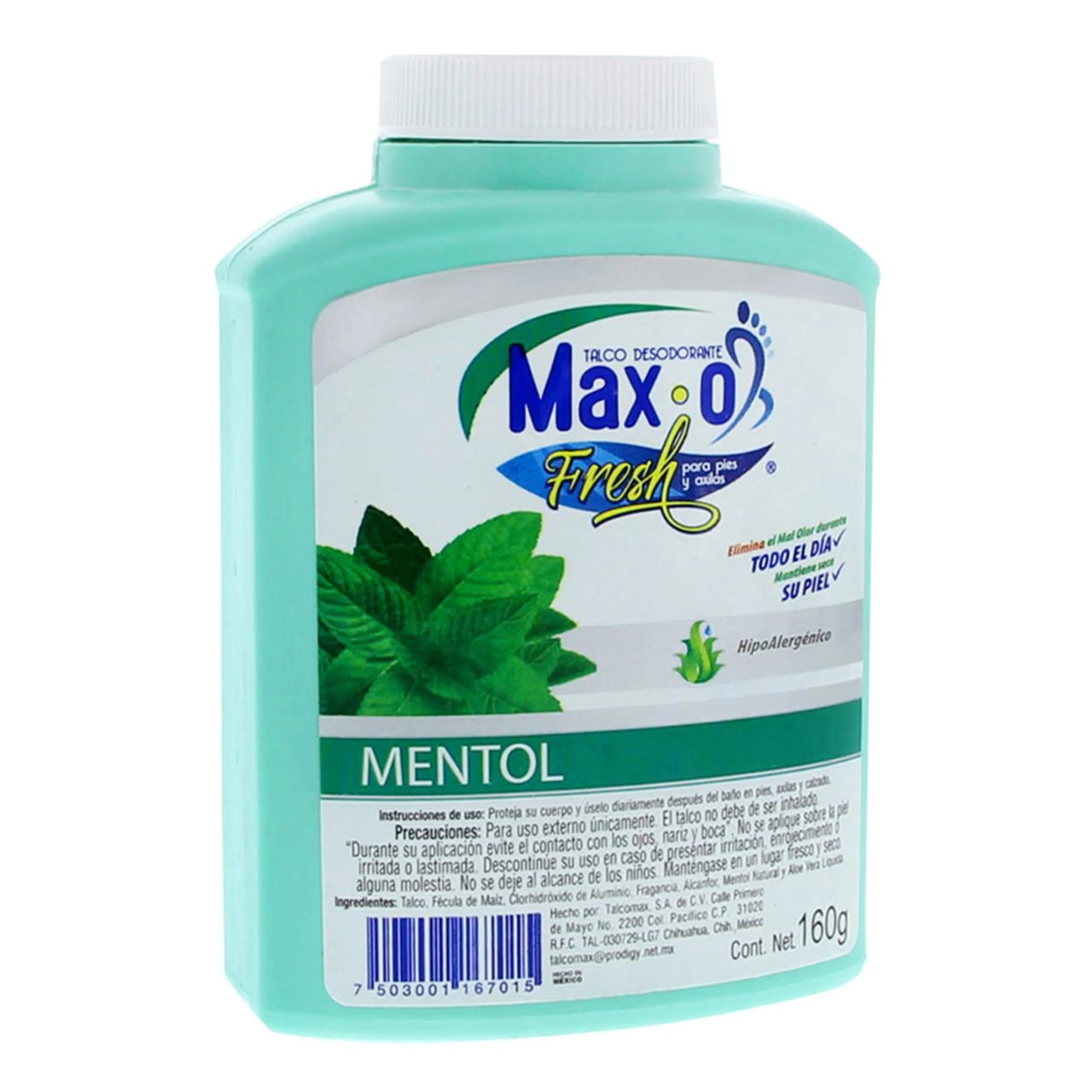 Talco desodorante max-o fresh para pies y axilas aroma a mentol 160 gr.