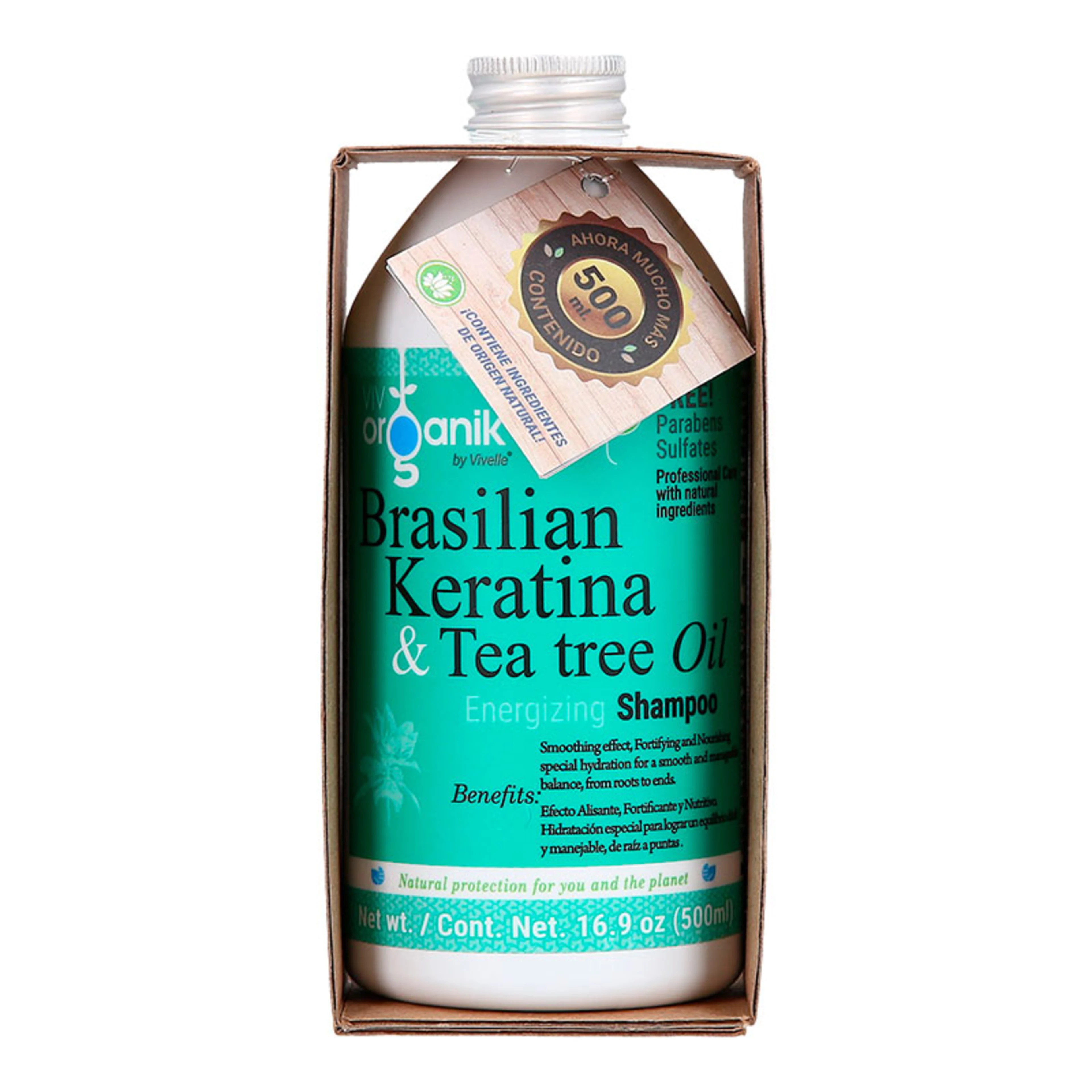Vivorganik by vivelle energizing shampoo queratina brasileña y aceite de té de árbol 500 ml envase