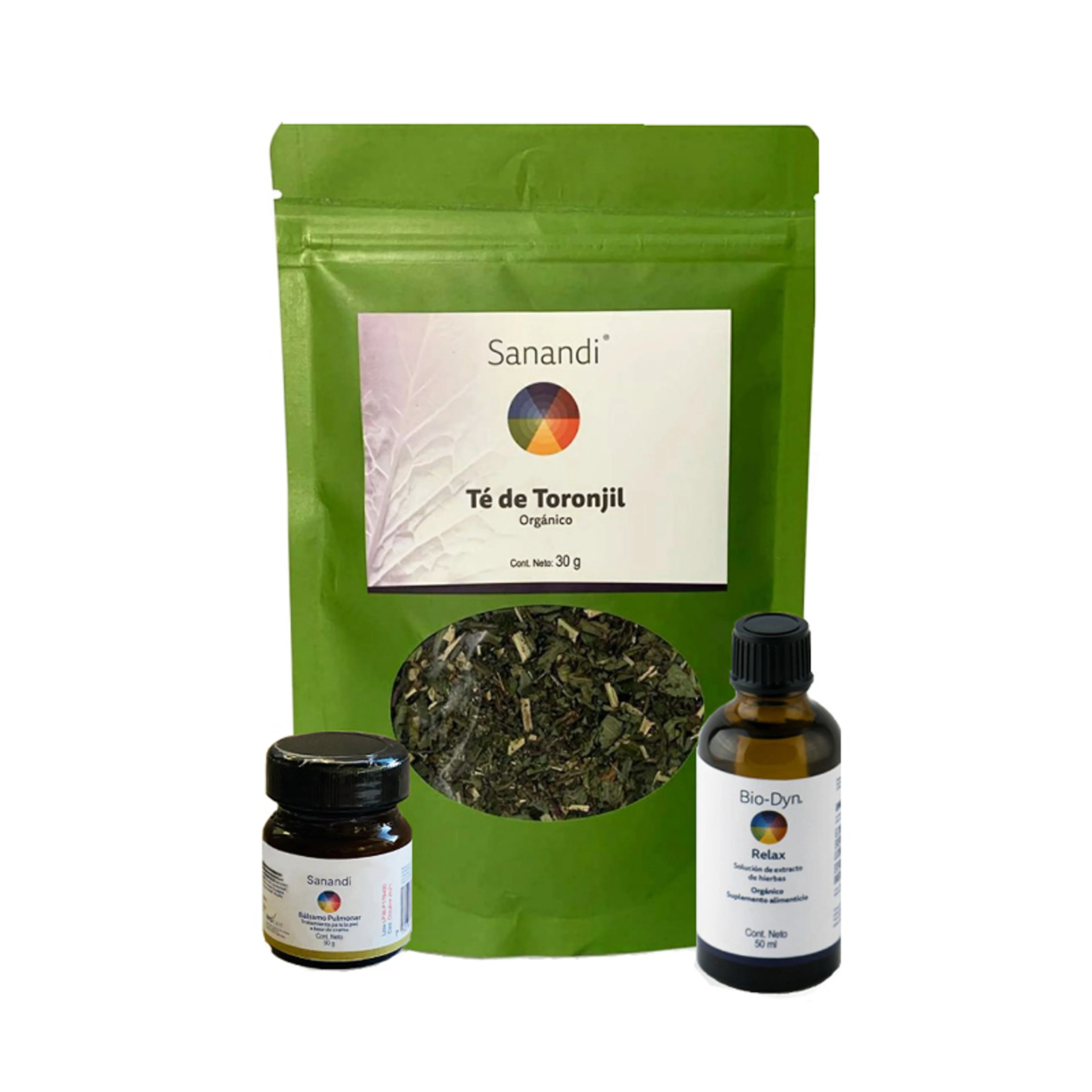Sanandi pack relax solución de extracto de hierbas + bálsamo pulmonar + té toronjil 3 piezas paquete