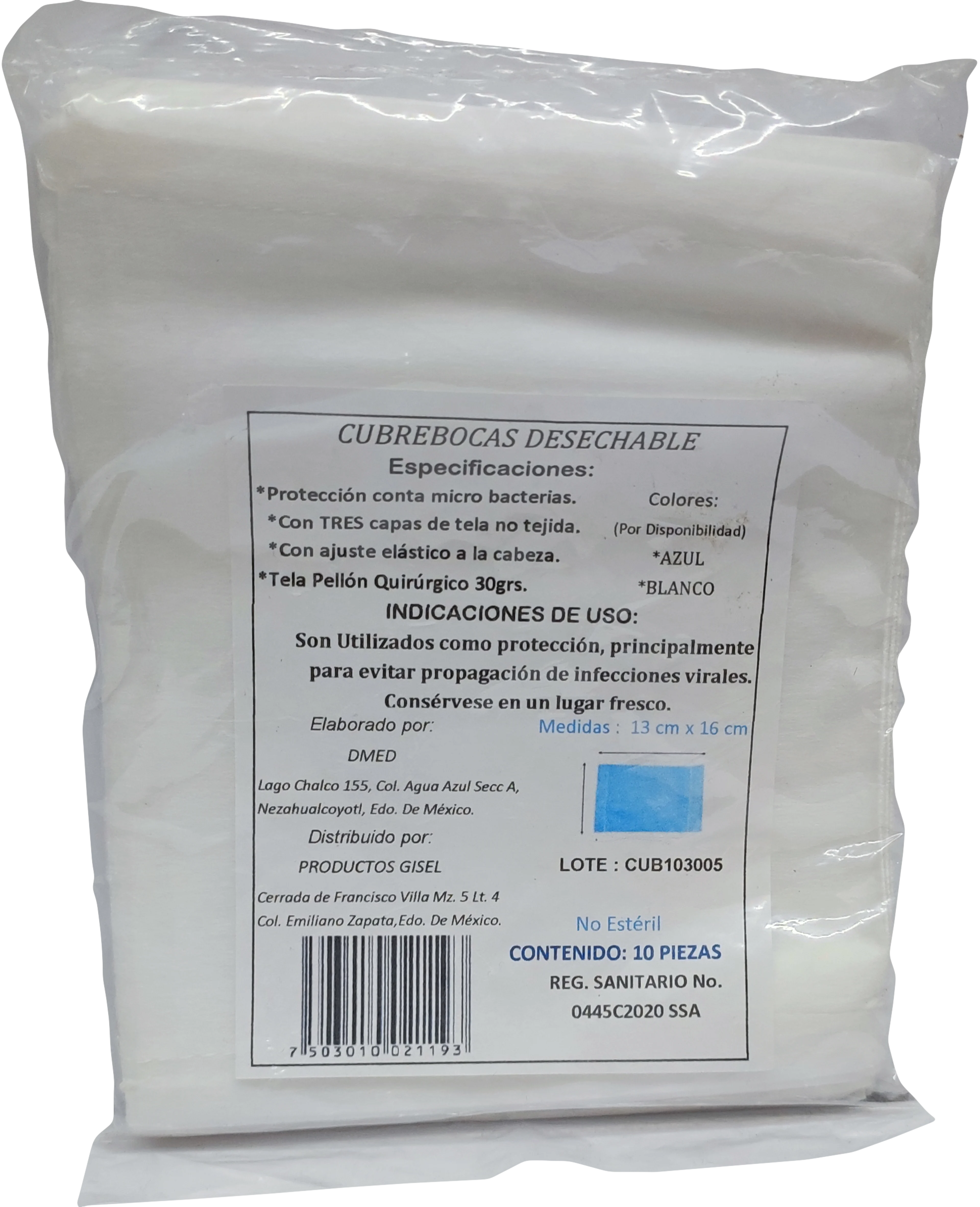 Gisel Cubrebocas Desechable Liso Con 10 Piezas