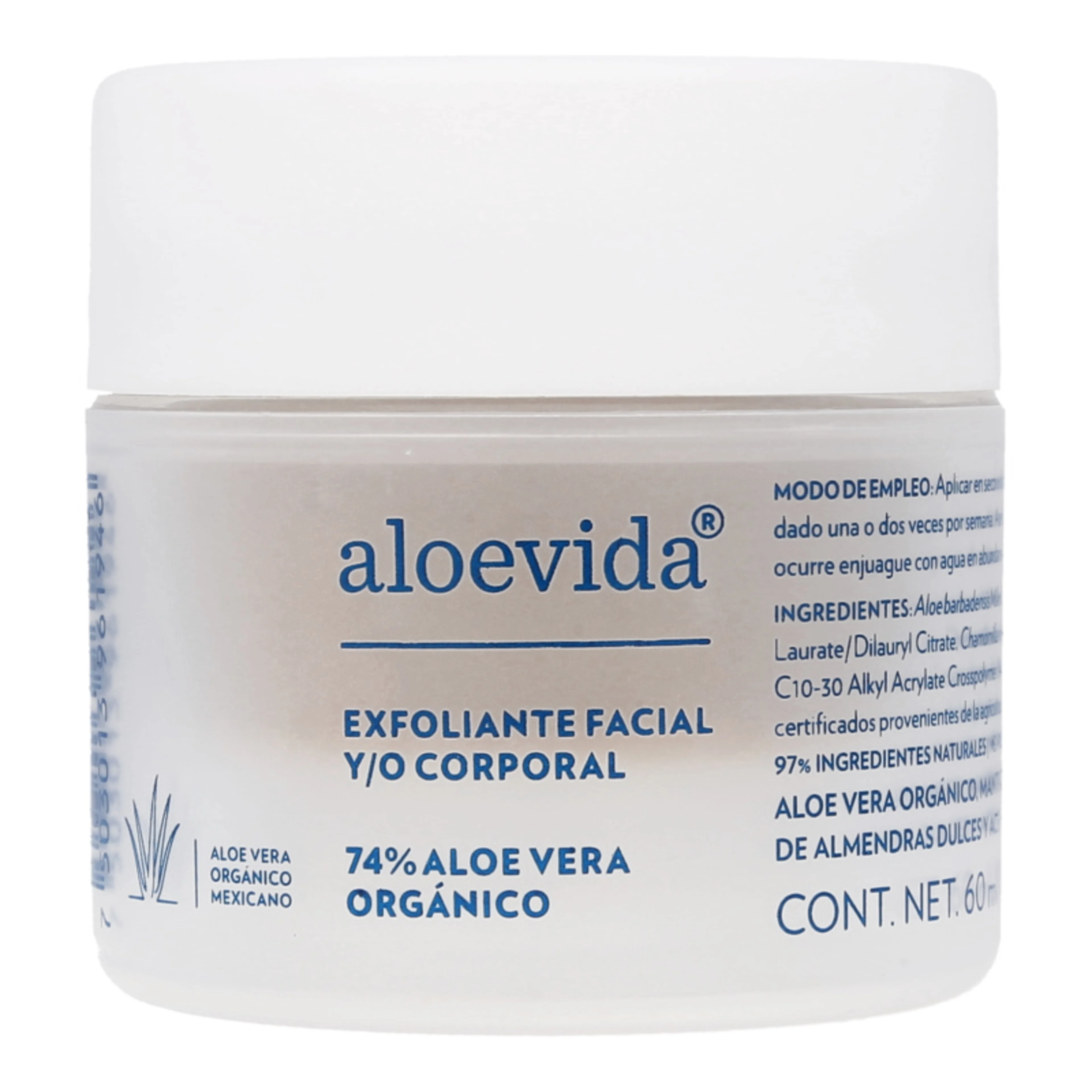 Aloevida exfoliante facial y/o corporal 74% aloe vera orgánico 60 ml tarro