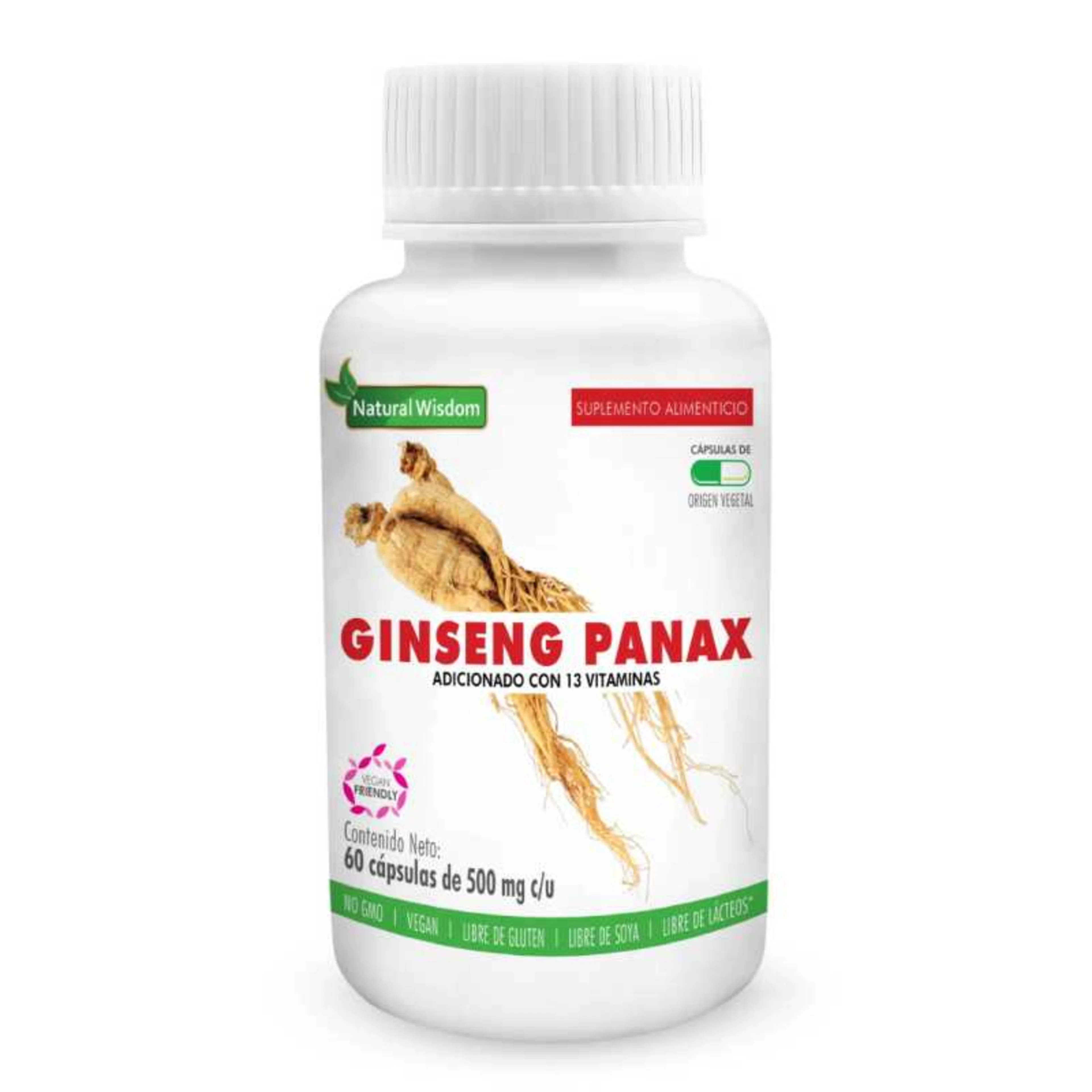 Natural wisdom ginseng panax vegano adicionado con 13 vitaminas 60 frasco ginseng 60 mg