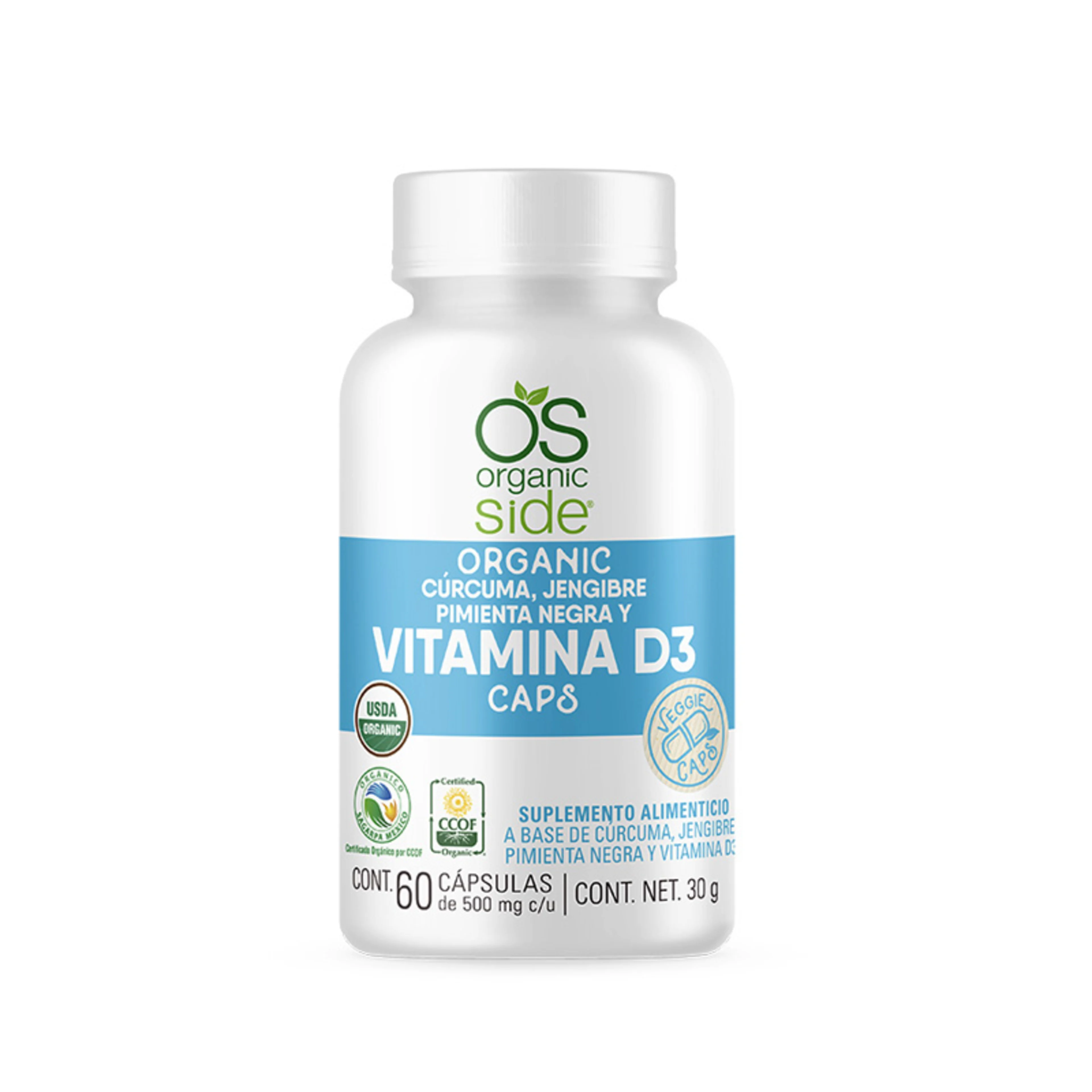 Os organic side con cúrcuma jengibre pimienta y vitamina d3 60 cápsulas frasco