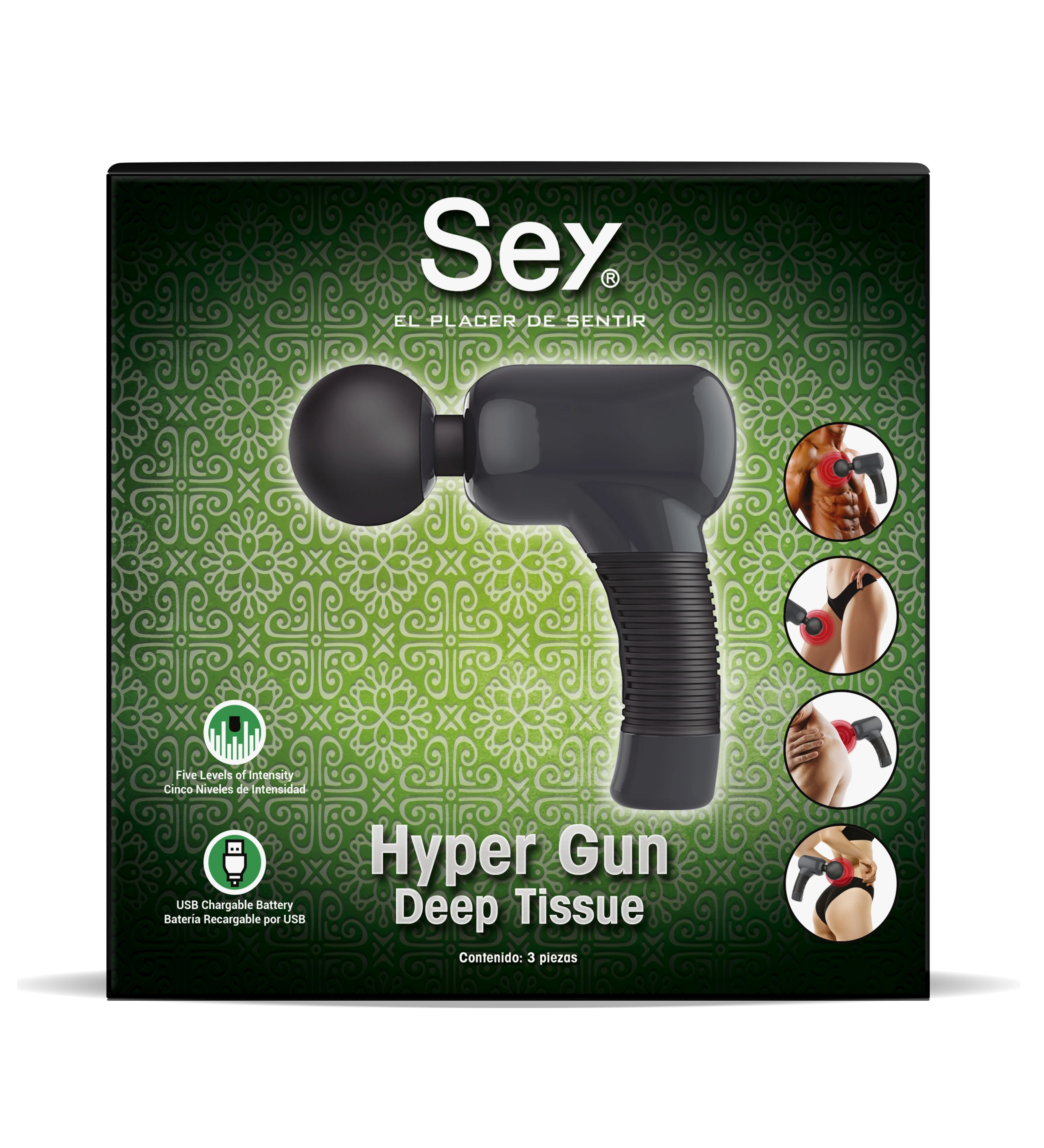 SEY Hyper Gun Masajeador Recargable (USB) con 7 Funciones – Negro