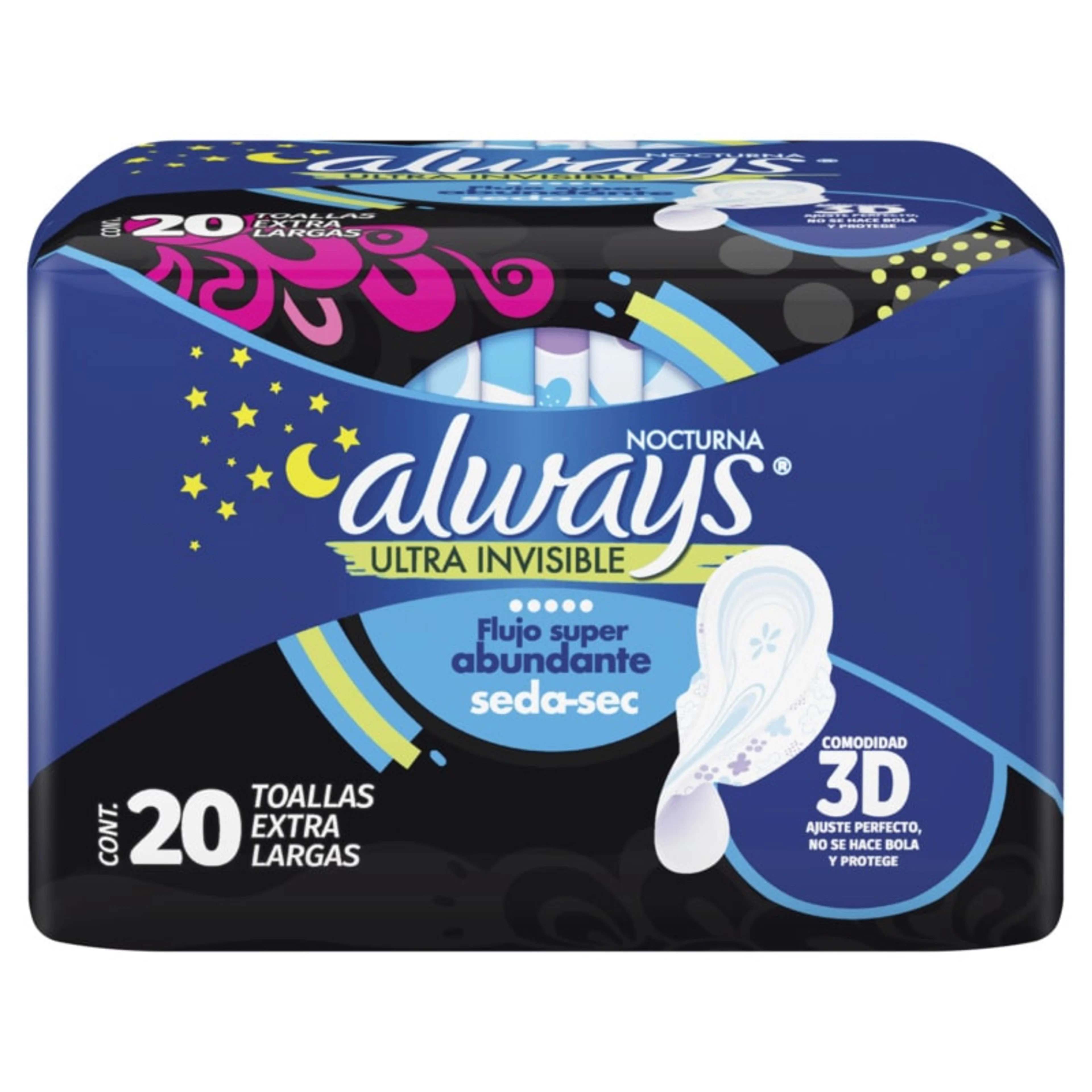 Always Noche Ultra Invisible Seda Sec Toallas Sanitarias 20 Piezas