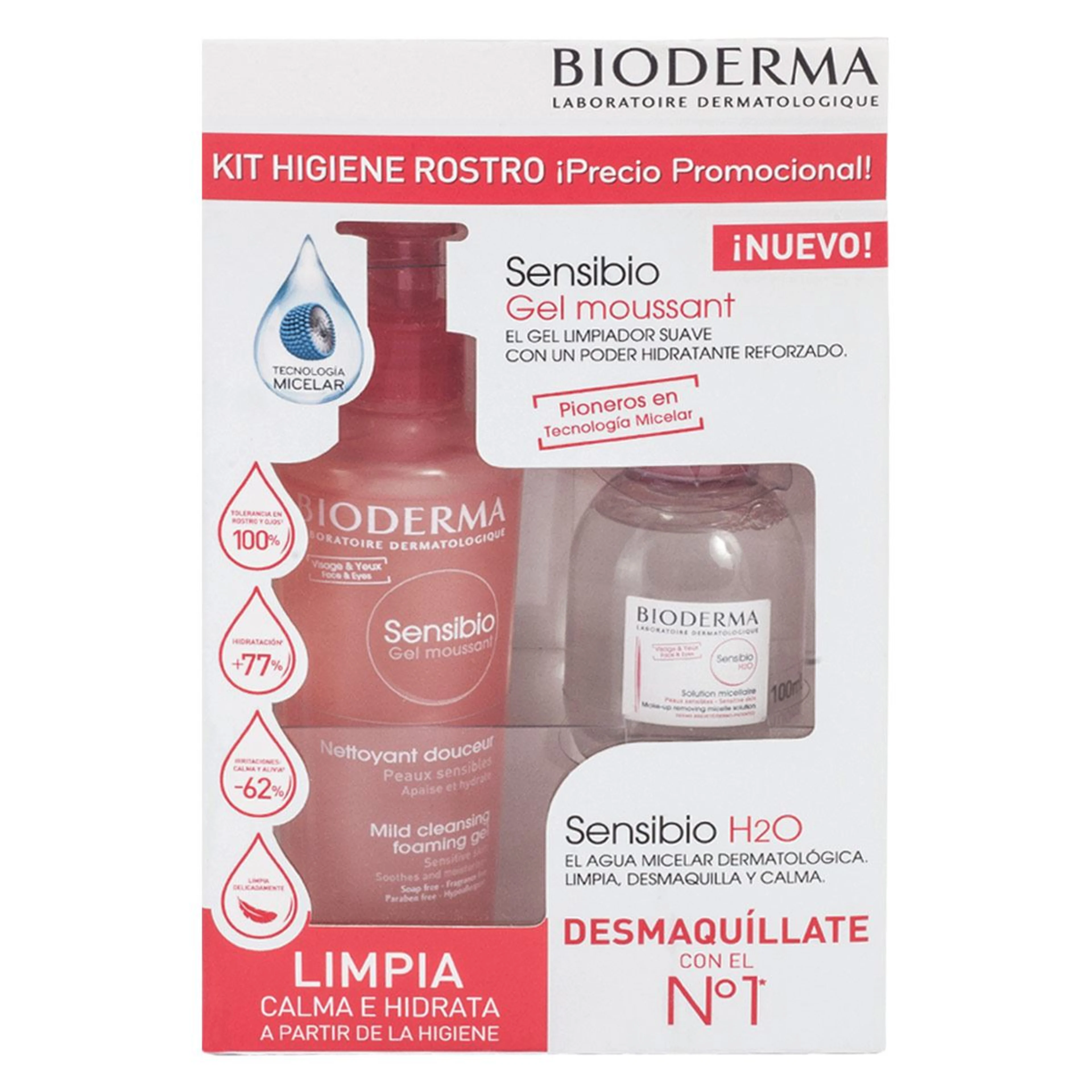 Bioderma sensibio gel moussant limpiador 200ml + h2o agua micelar desmaquillante 100ml 2 piezas paquete