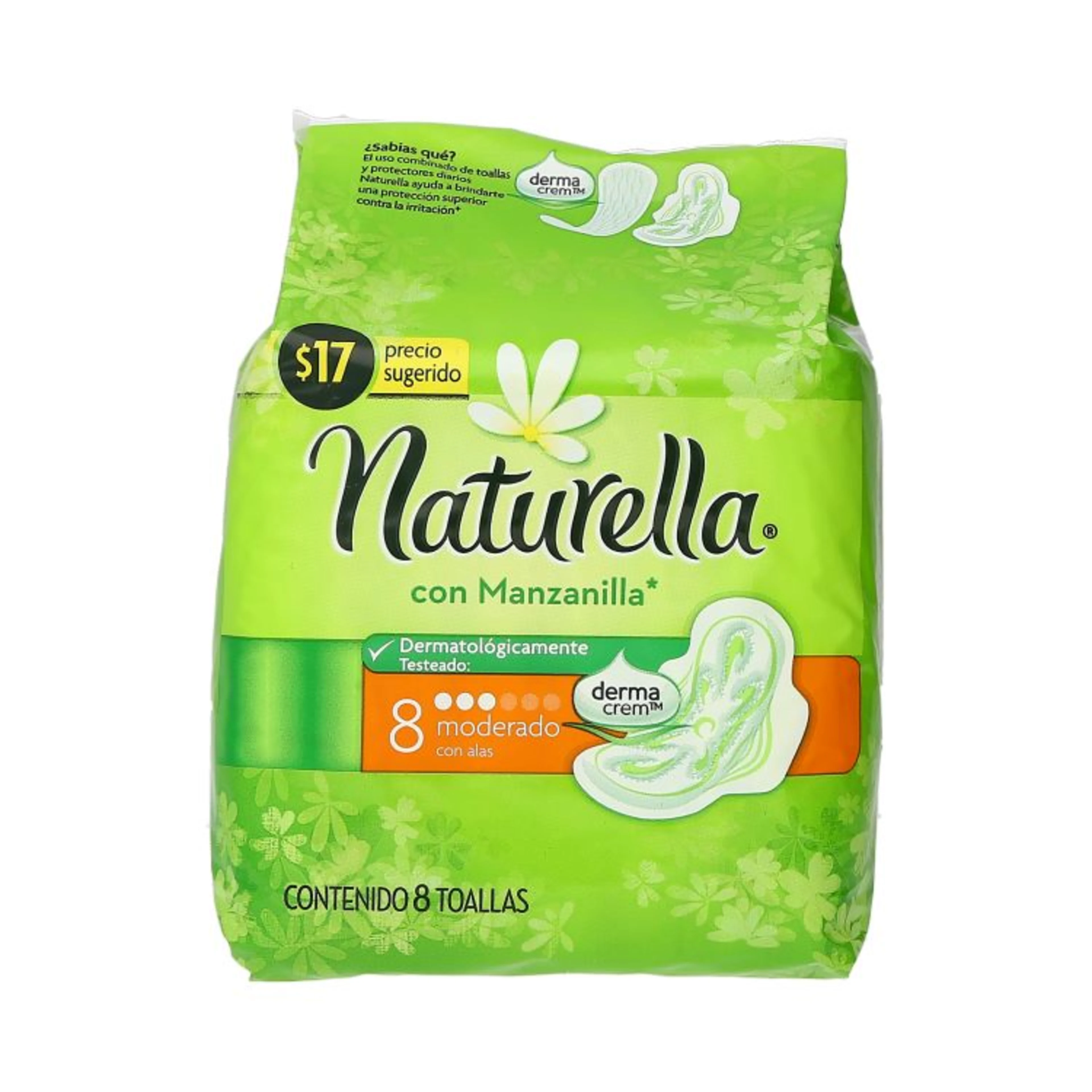 Naturella Con Manzanilla Derma Crem Toallas Sanitarias Con Alas 8 Piezas