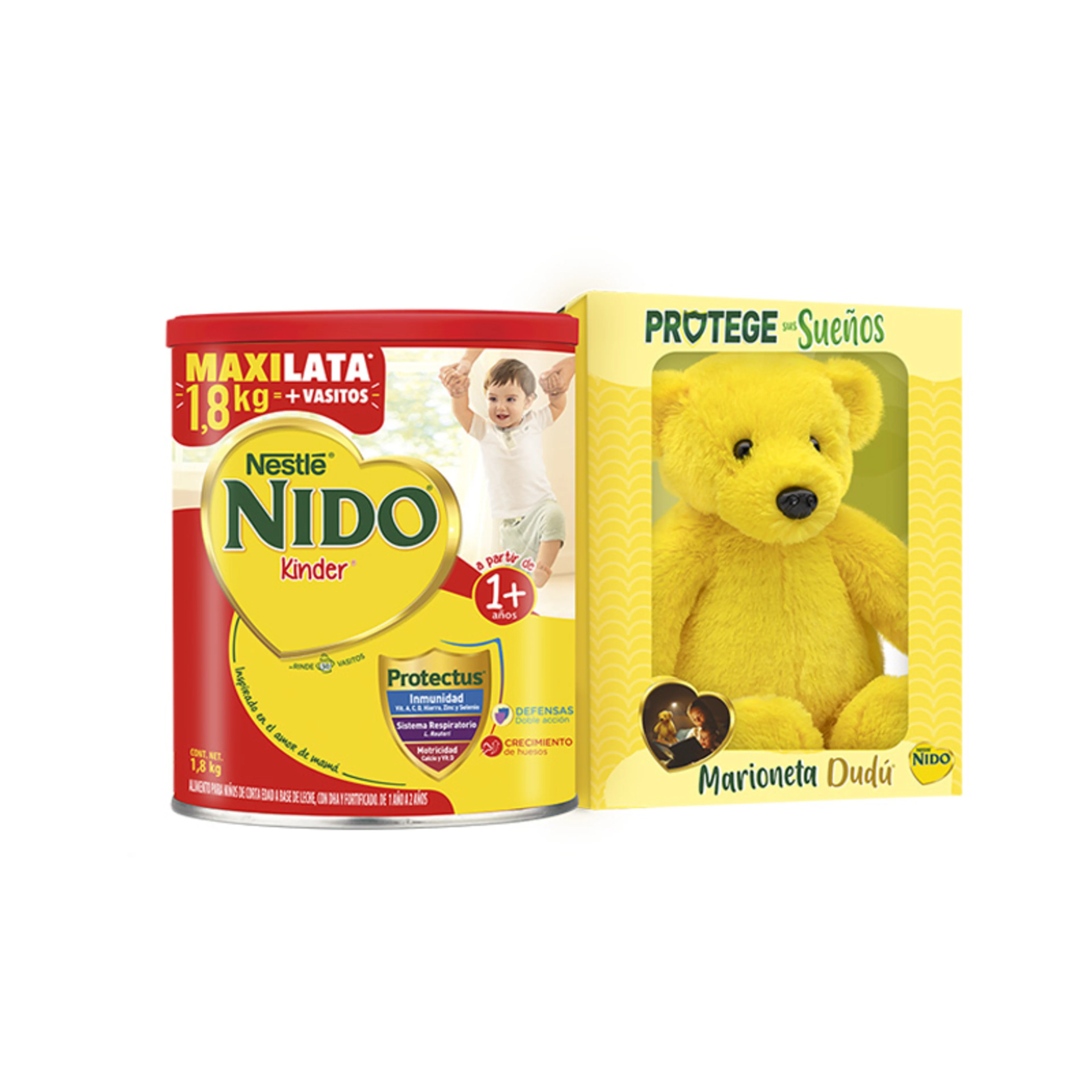 Alimento para niños de corta edad a base de leche con dha y fortificado. de 1 año a 2 años. nido® kinder® 1+ con dha lata de 1.8 kg + marioneta dudú