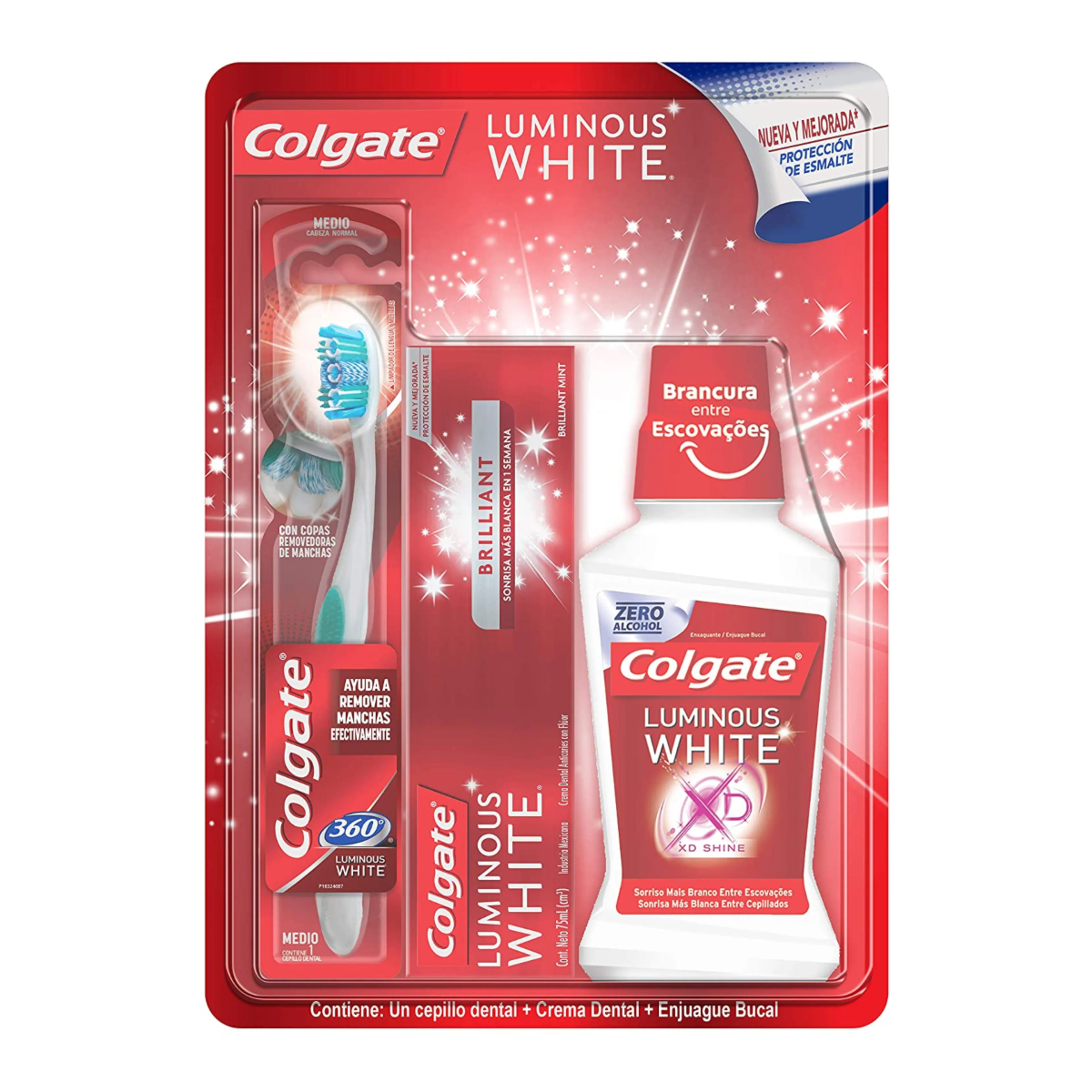 Paquete de enjuague bucal colgate luminous white 250 ml + pasta dental colgate luminous w 75 ml + cepillo 360