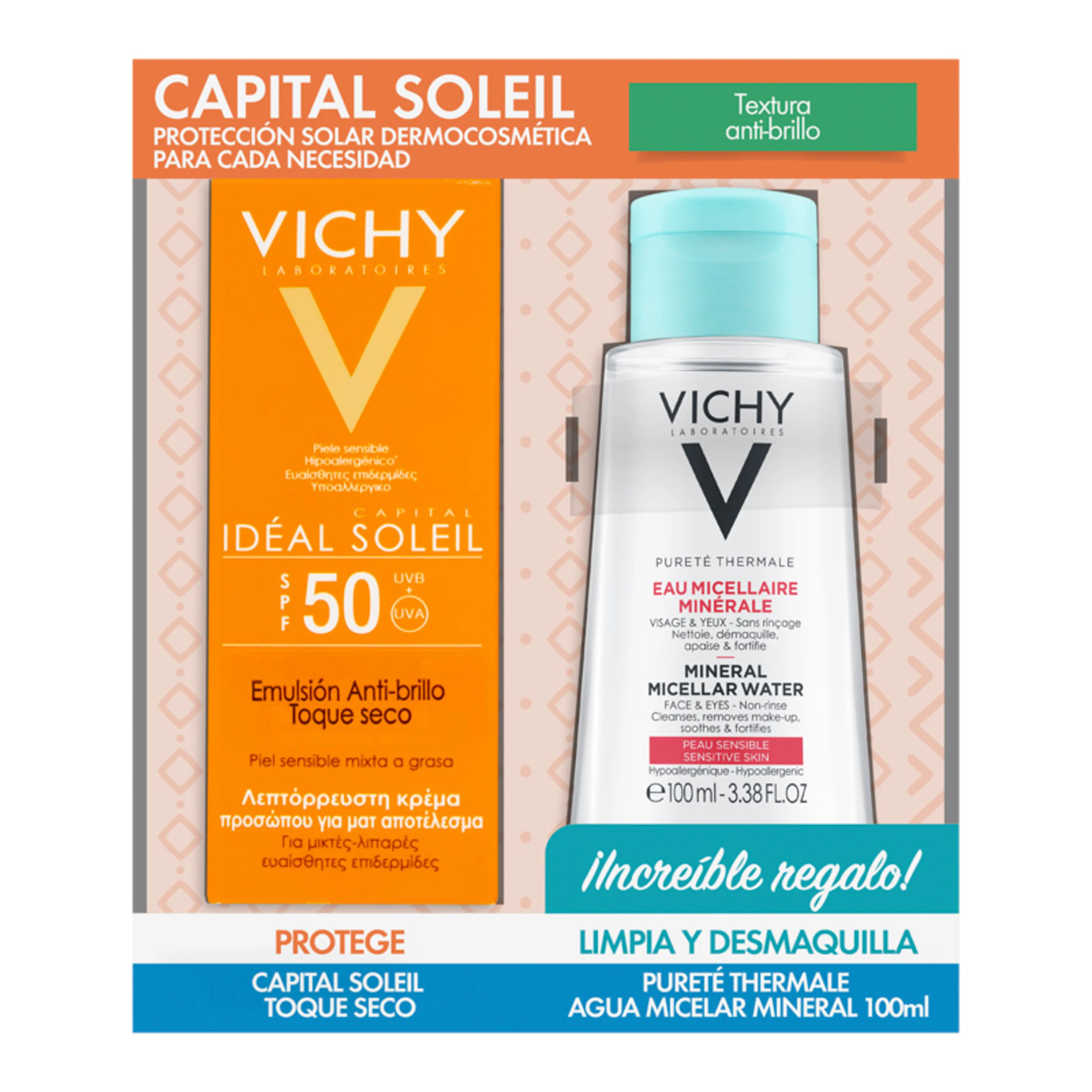 Vichy capital soleil protector solar fps50+ agua micelar mineral 2 piezas paquete