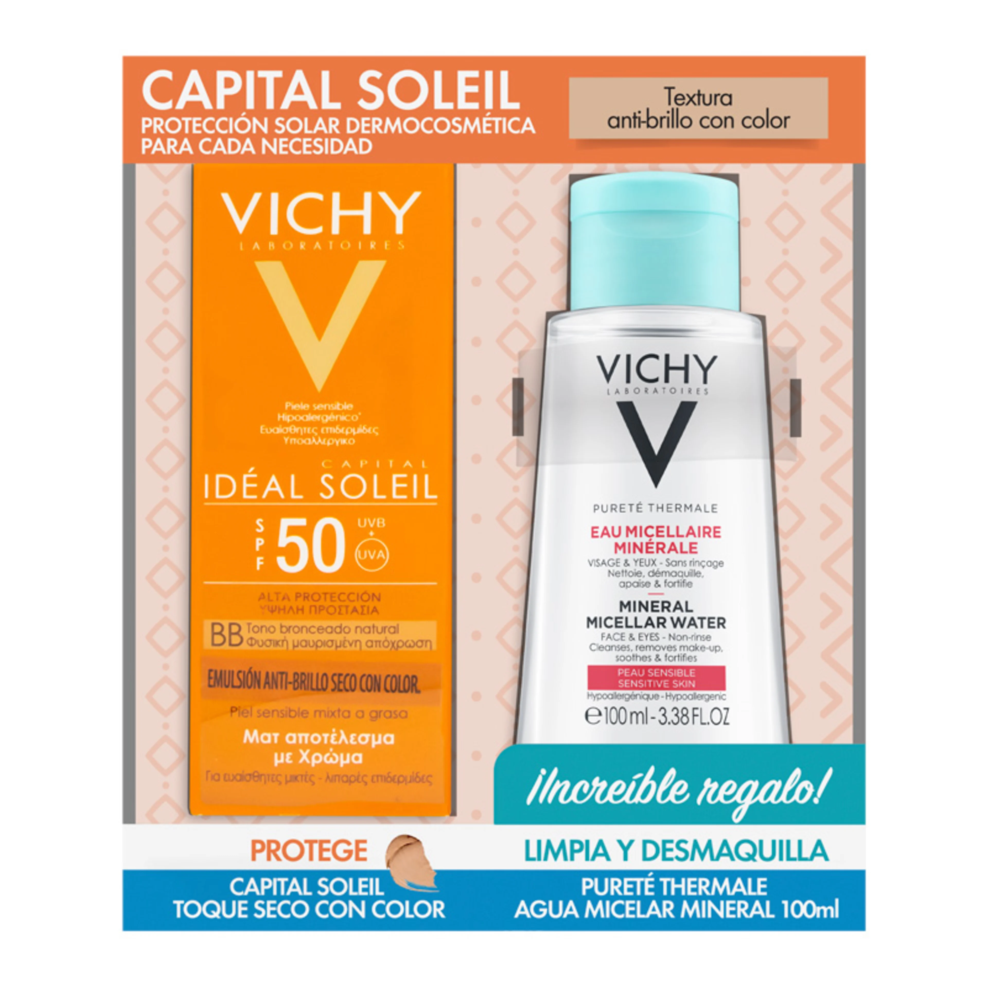 Vichy capital soleil toque seco con color+ agua micelar mineral 2 piezas paquete