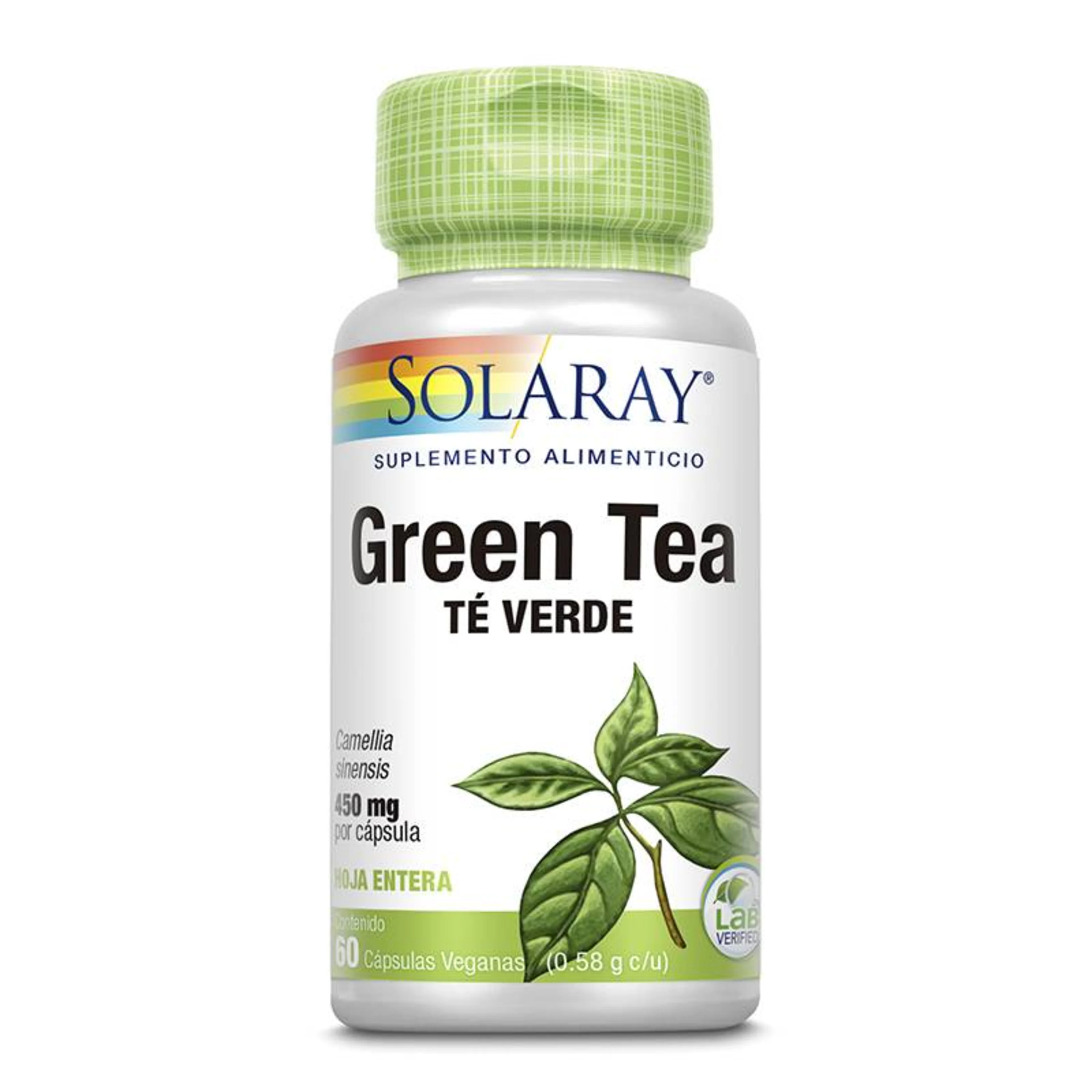 Solaray green tea de hoja entera suplemento vegano 60 frasco té verde 450 mg