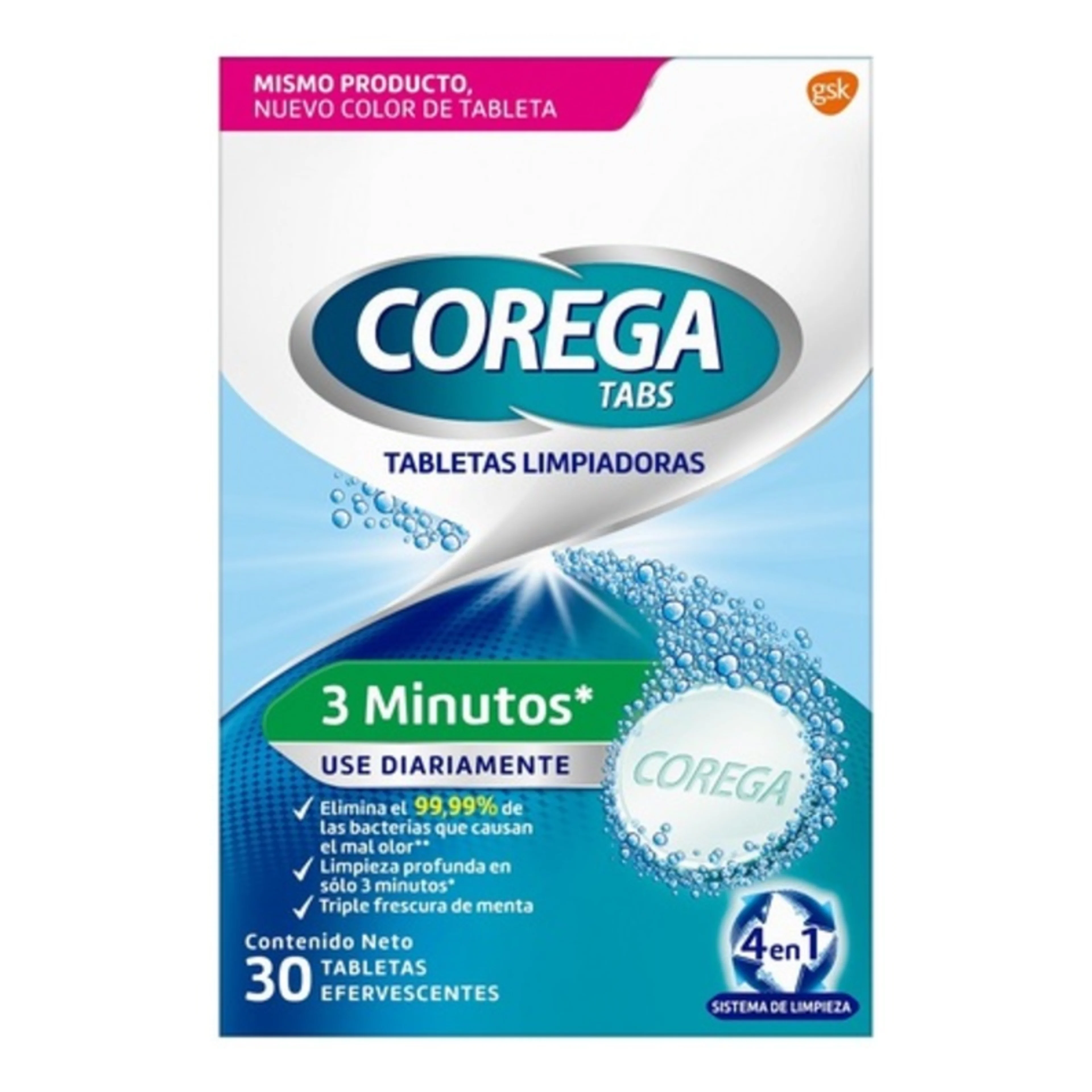 Corega Tabs Limpiador De Prótesis Dentales Con 30 Tabletas Efervescentes
