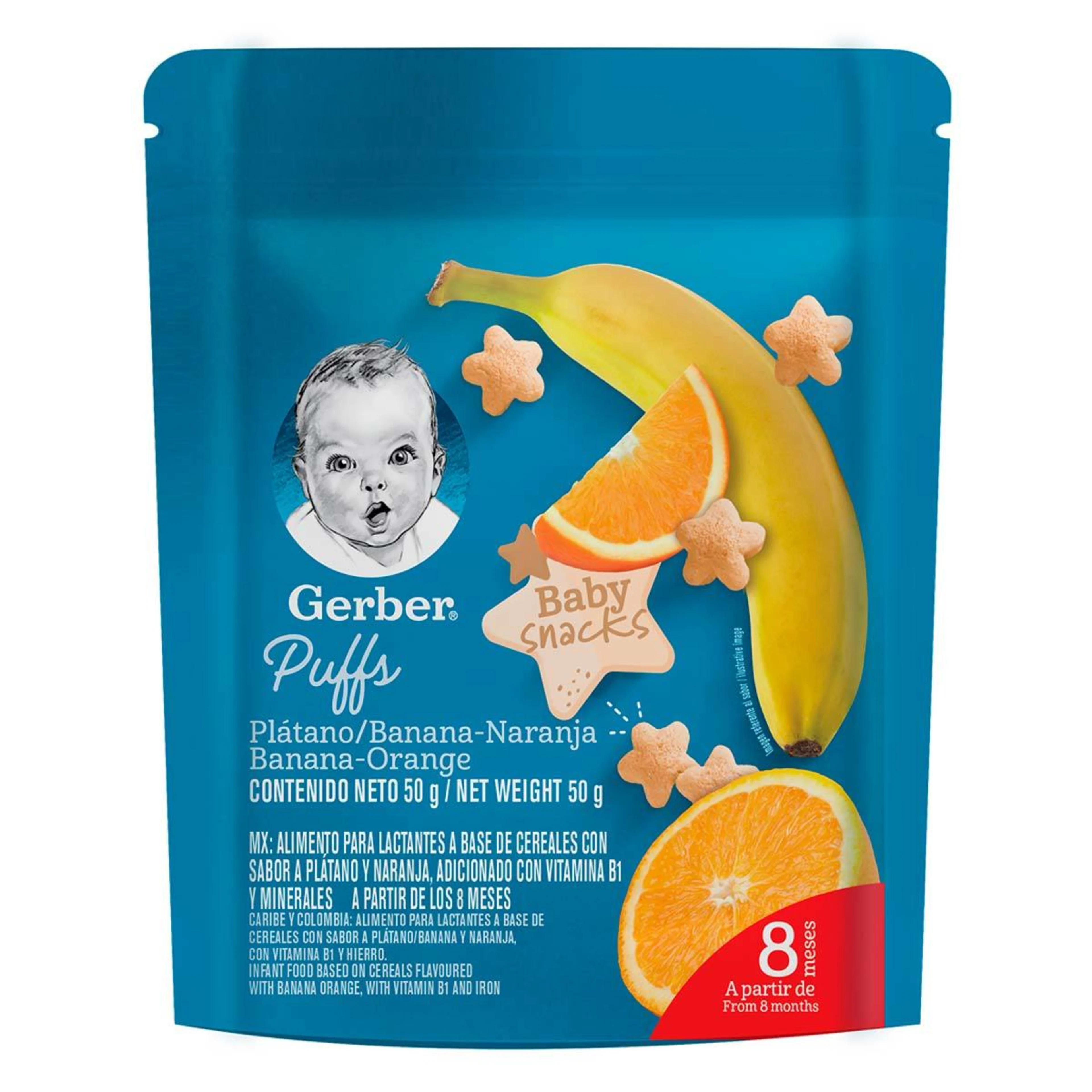 Snacks gerber puffs etapa 3 plátano naranja bolsa 50g