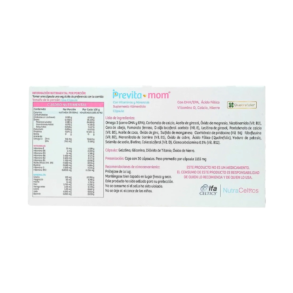 Previta-Mom (Multivitamínico Prenatal) 30 Cápsulas Suplemento