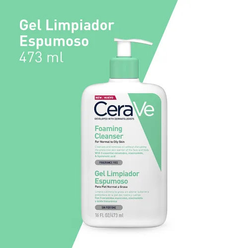 CeraVe Gel Limpiador Espumoso Libre de Fragancia para Piel Normal o Grasa -  1 x 473 ml