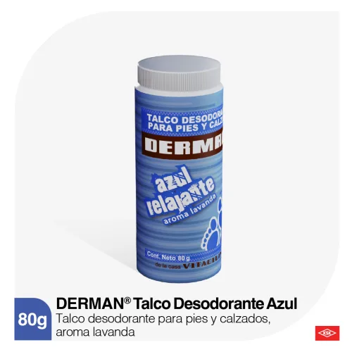 Derman Azul Talco Desodorante Para Pies Polvo Con 80 G