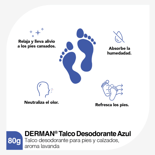 Derman Azul Talco Desodorante Para Pies Polvo Con 80 G