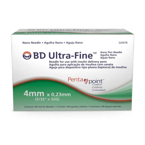 Bd Ultra-Fine Aguja Para Lápiz de Insulina 32G x 4 mm Con 100 Piezas
