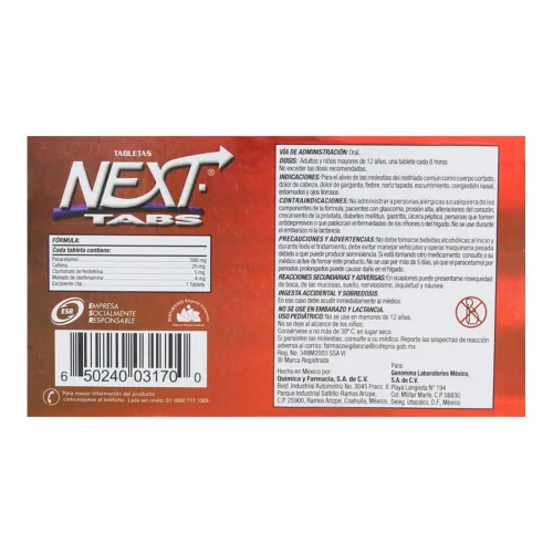 Comprar Next Tabs 500/25/5/4 Mg Con 20 Tabletas