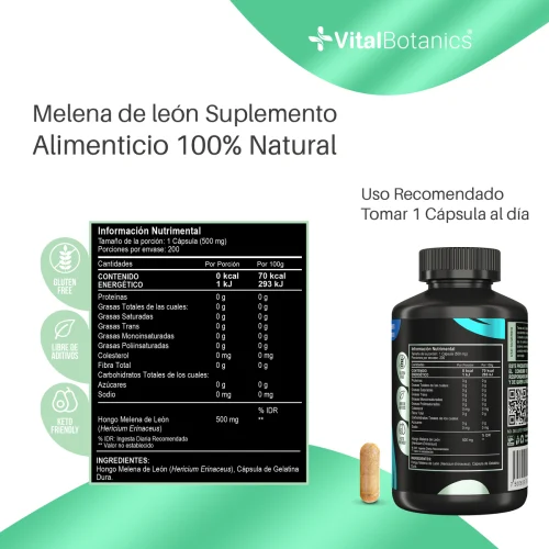 Comprar Vitalbotanics Hongo Melena De Leon - 100% Puro Con 200 Cápsulas