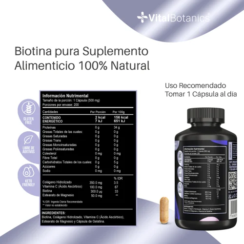 Comprar Vitalbotanics Biotina Pura + Colageno Hidrolizado Con 200 Cápsulas